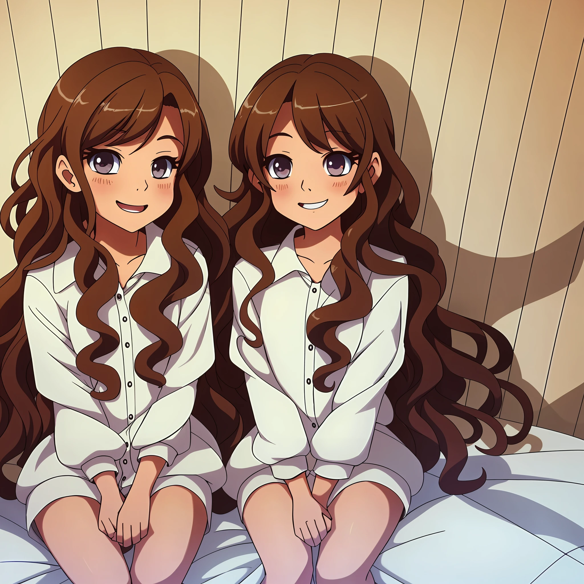 perfect anime illustration, 2girls, twins, brown hair, curly hair, long hair, different hair colors, hazel eyes, smiling, white skin, matching outfits, highres, bedroom, full body