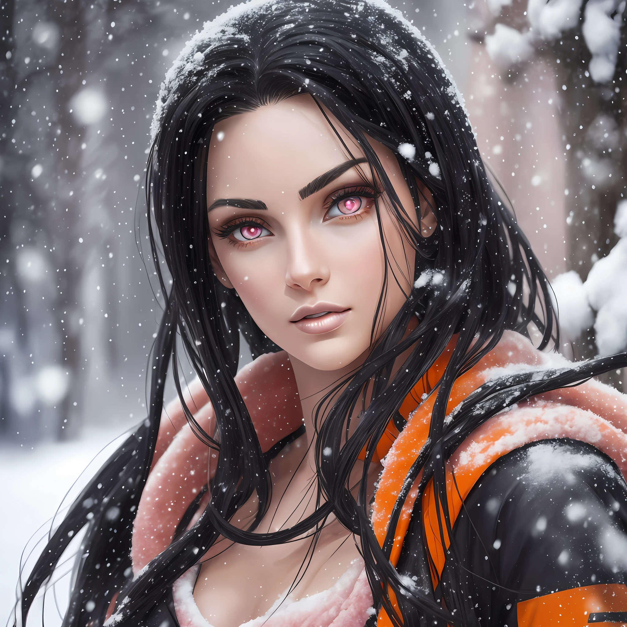 Beautiful tall woman with black hair with orange locks and pink eyes super realistic and well detailed in the snow