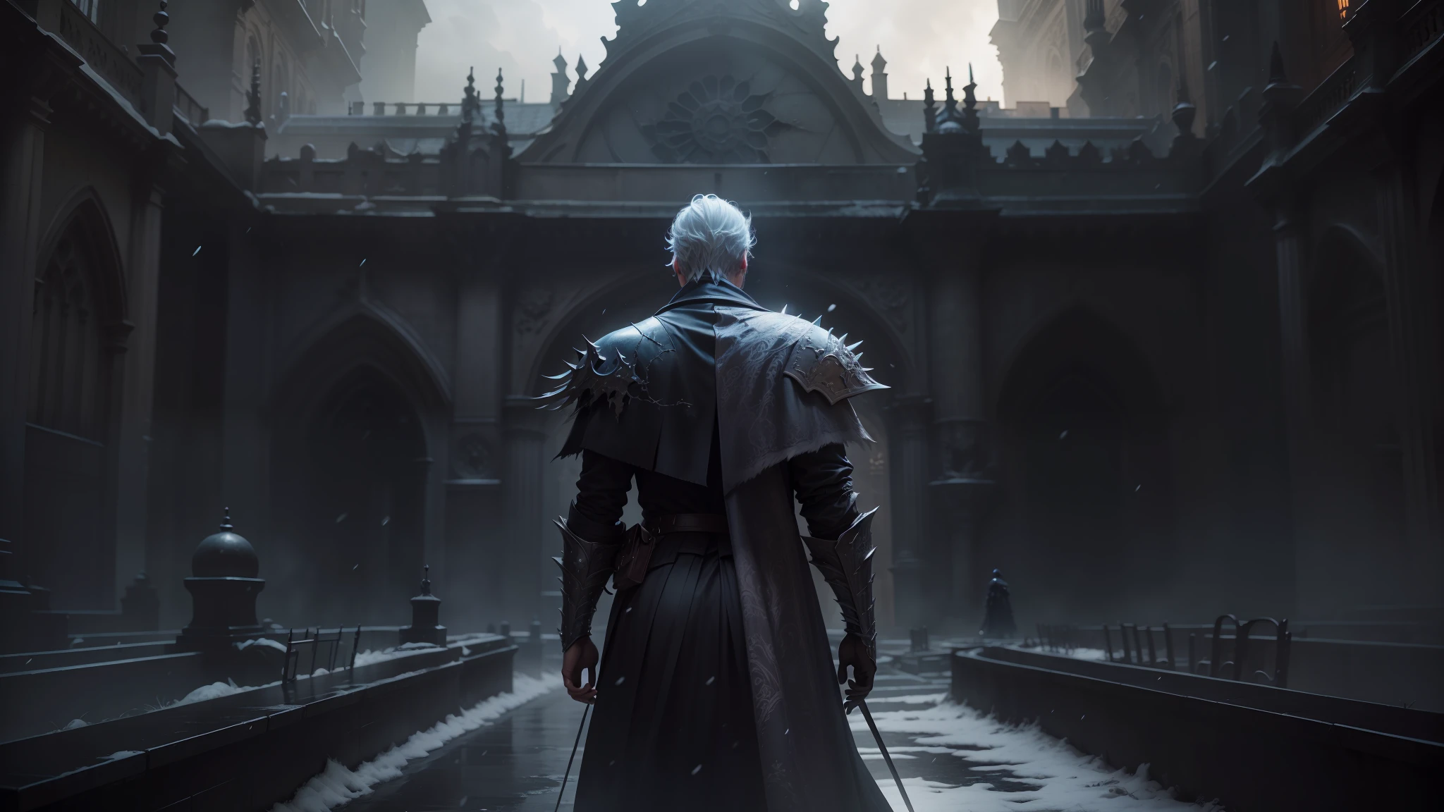 arafed image of a man in a dark suit standing in a courtyard, fantasy movie still, city in the background, bloodborne style, this character has cryokinesis, froz, the white king, long spikes, still frame from a movie, cinematic trailer, with his back turned, cathedral in the background, inspired by Villard de Honnecourt --auto --s2
