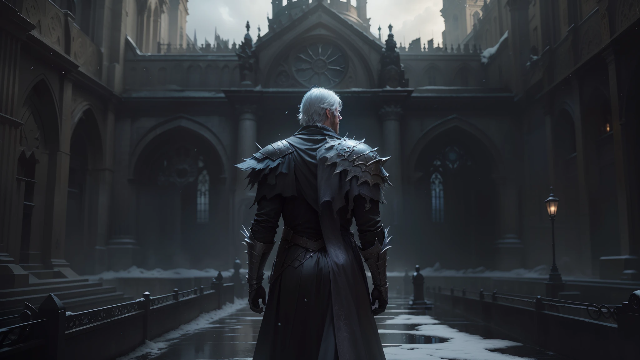 arafed image of a man in a dark suit standing in a courtyard, fantasy movie still, city in the background, bloodborne style, this character has cryokinesis, froz, the white king, long spikes, still frame from a movie, cinematic trailer, with his back turned, cathedral in the background, inspired by Villard de Honnecourt --auto --s2