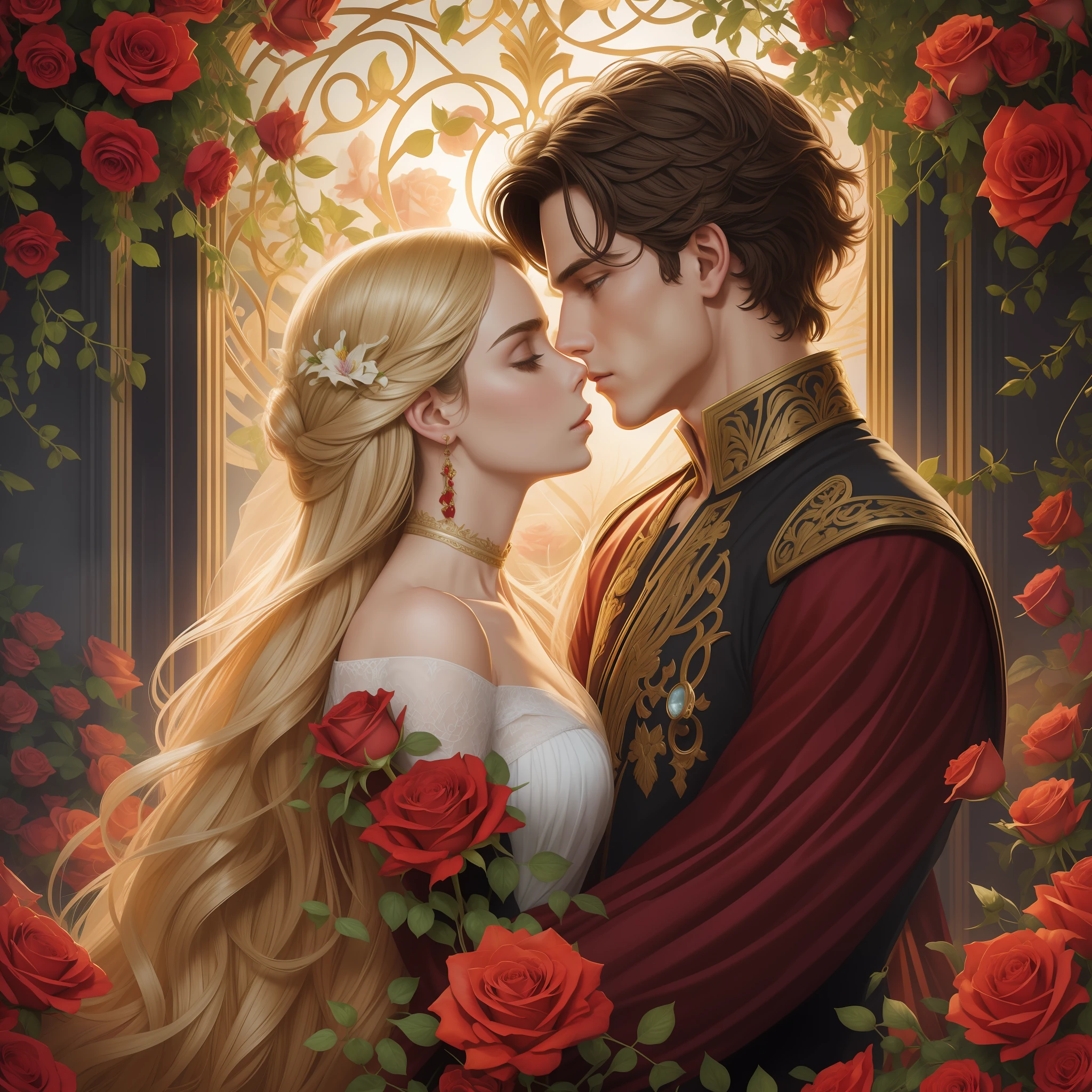 Couple kiss very affectionately, Neels Visser is a prince who has golden blond hair, wears a medieval military outfit and is in love with the commoner Lily Collins, who has curly brunette black hair and wears a red dress, illustration of a romance book cover with a detailed, smooth, bright background filled with flowers covered in ivy and red roses, ornate gown standing in a bed of roses, rim light, dynamic lighting, etherial lighting, ultra detail, concept art, elegant, surreal, art by Lisa Aisato, Greg Hildebrandt, Citemer Liu, Stjepan Sejic, Samyang, Aykut Aydogdu, Justin Gerard, Alphonse Mucha, Artgerm, WLOP, and Greg Rutkowski