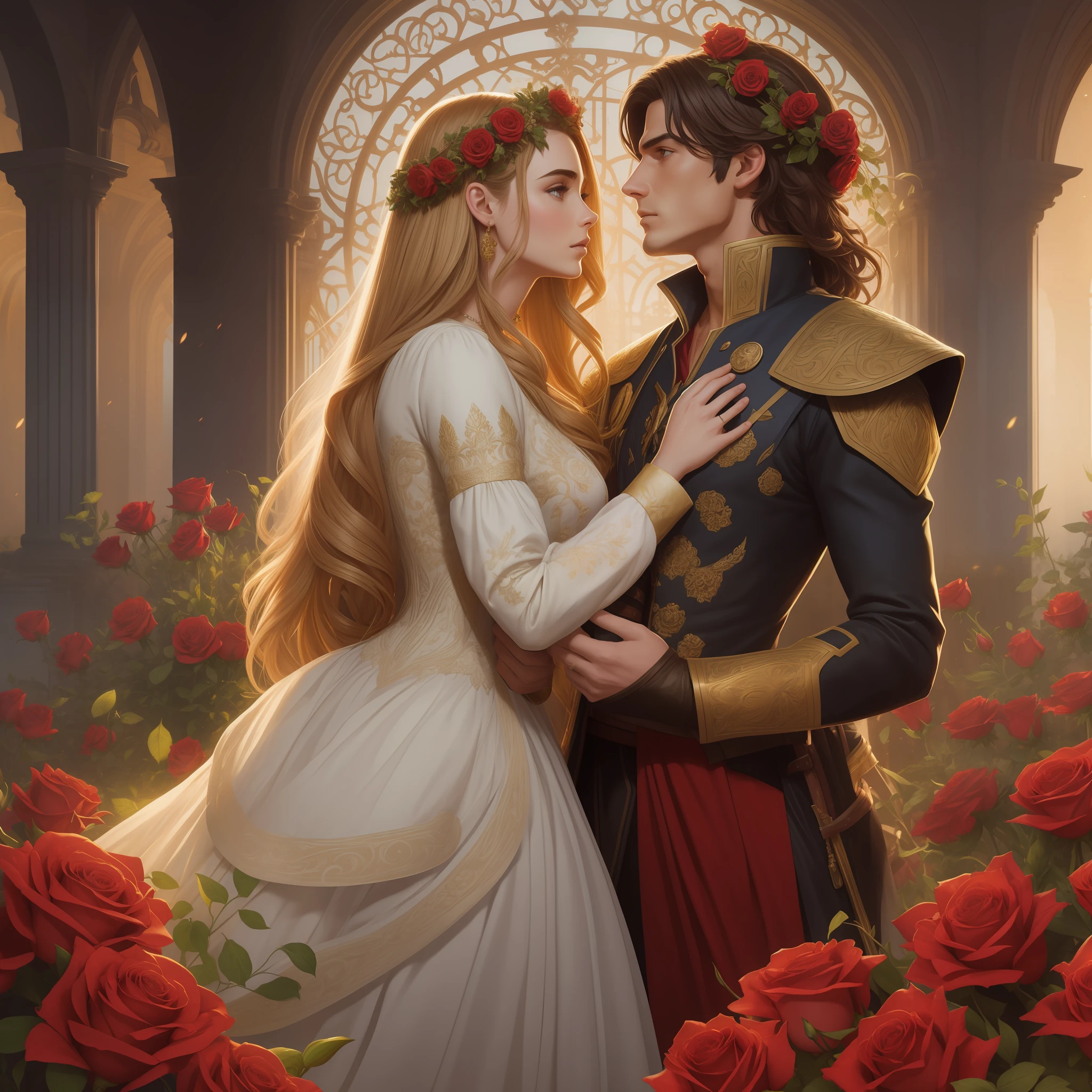 Couple kiss very affectionately, Neels Visser is a prince who has golden blond hair, wears a medieval military outfit and is in love with the commoner Lily Collins, who has curly brunette black hair and wears a red dress, illustration of a romance book cover with a detailed, smooth, bright background filled with flowers covered in ivy and red roses, ornate gown standing in a bed of roses, rim light, dynamic lighting, etherial lighting, ultra detail, concept art, elegant, surreal, art by Lisa Aisato, Greg Hildebrandt, Citemer Liu, Stjepan Sejic, Samyang, Aykut Aydogdu, Justin Gerard, Alphonse Mucha, Artgerm, WLOP, and Greg Rutkowski