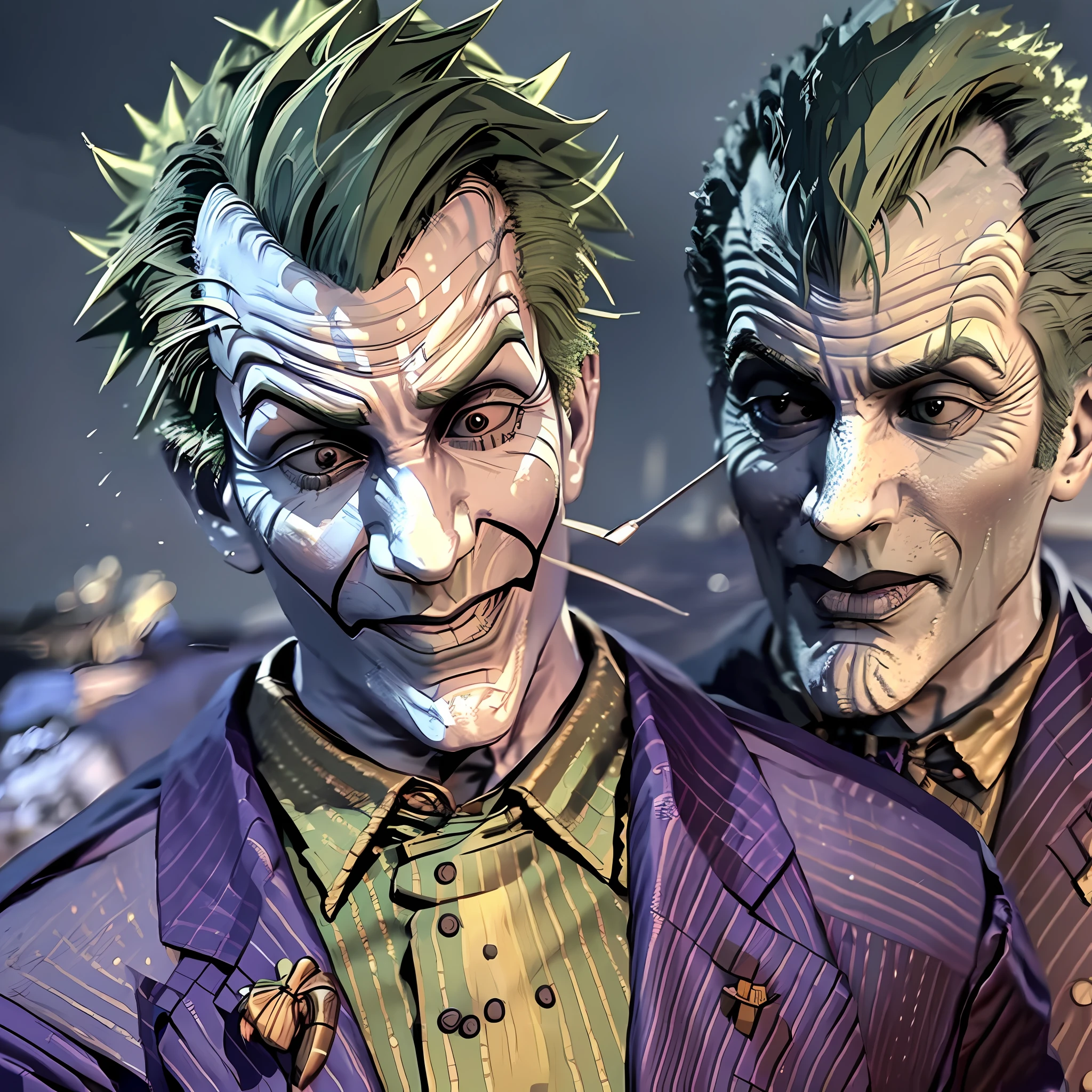 Tall man with clown makeup on his face with green hair and purple suit with super realistic psychopath face and well detailed scenery on fire in the background