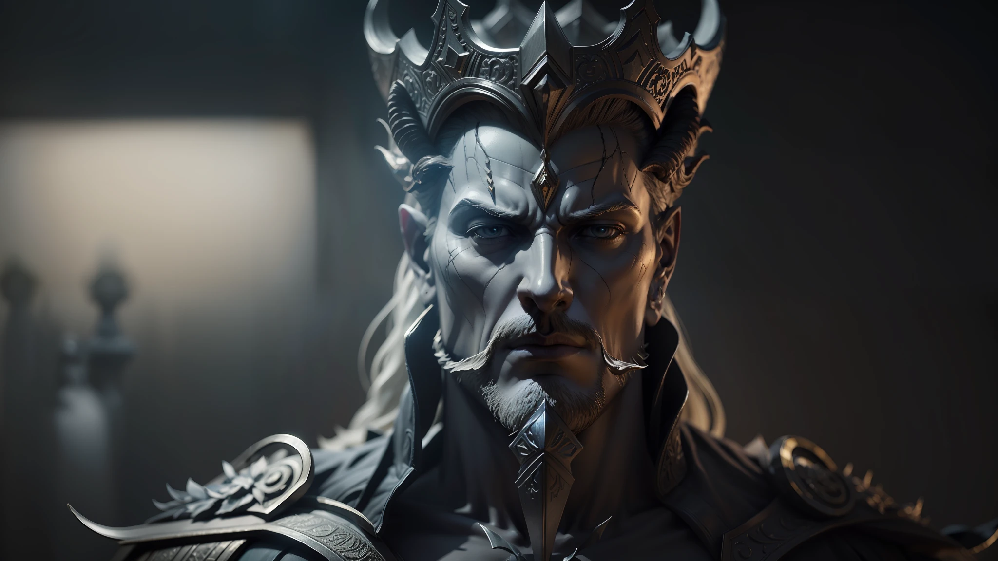 a close up of a statue of a man with a horned head, 3 d demo reel avatar, the white king, trending on cgtalk, from ramayan, character design : : gothic, movie still of a tired, a beautiful detailed orixa, by Kamāl ud-Dīn Behzād, gothic regal, in screenshot from the 300 movie --auto --s2
