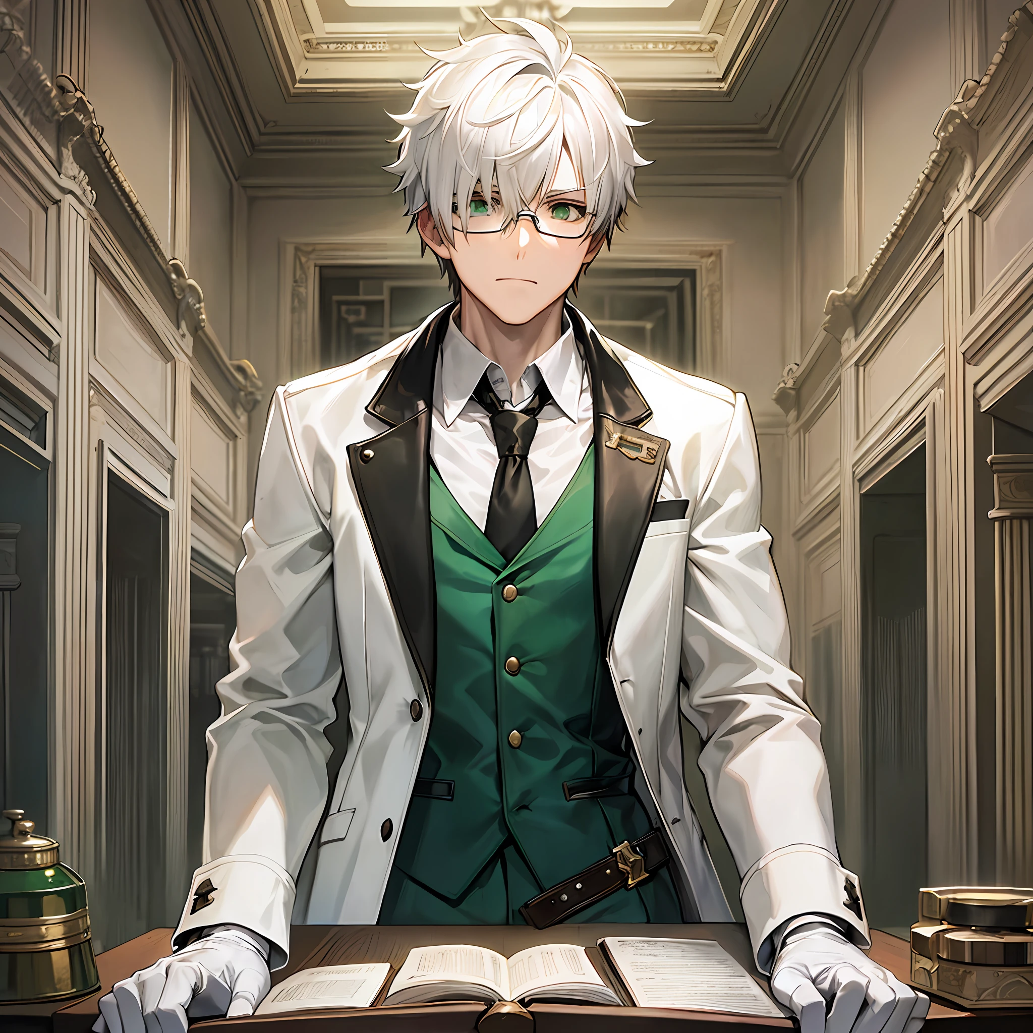 Glasses, short white hair, green eyes, emotionless, white trench coat, white gloves, weilding a katana, standing in front of a table, cowboy shot, masterpiece, male