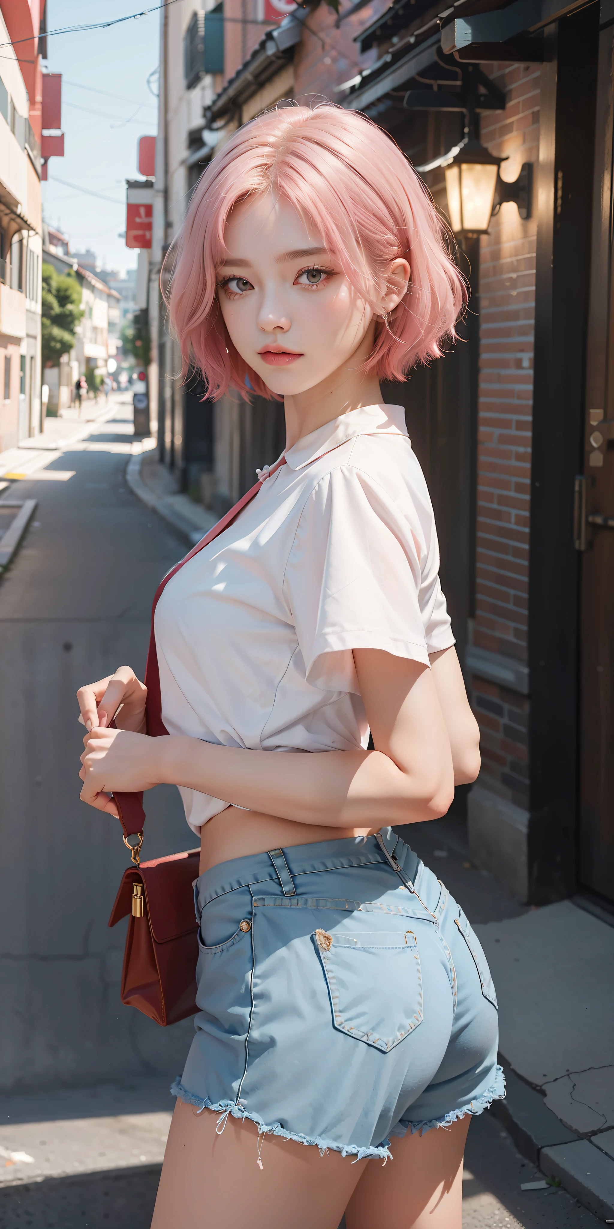 (best quality, masterpiece1.2), (detailed eye: 1.2), complex detail, depth of field, 1girl, urban environment, alley, short hair, straight chest, smooth ass, short, pink hair, red eyes, lights, white wide blouse, glued shorts, night