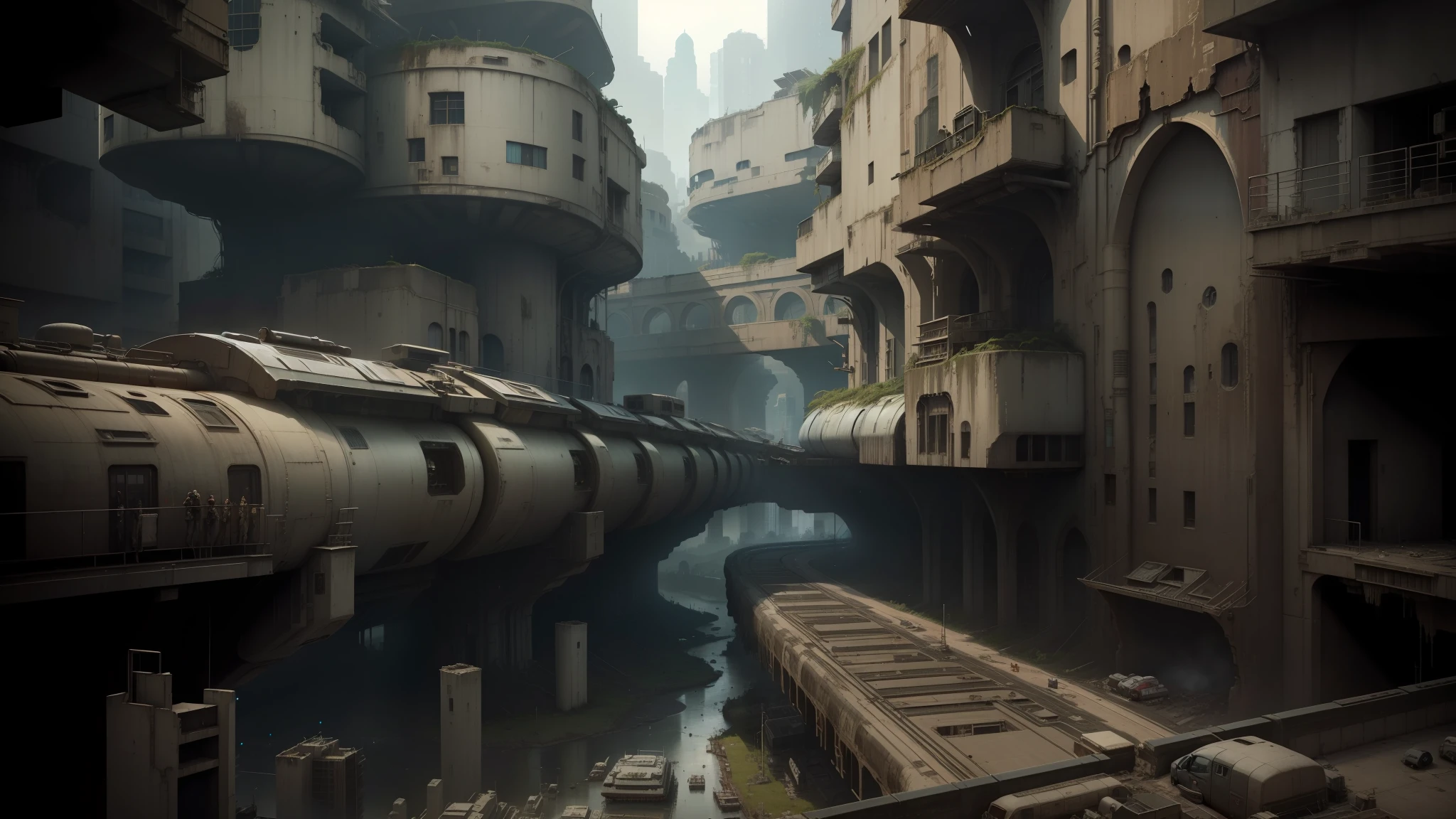 a close up of a train on a track in a city, still frame from prometheus, robot city ruins, the neat and dense buildings, in front of a ruined city, giant columns, syndicate(2012), dystopian digital art, still image from the movie, deserted planet, midgar, inspired by Otto Marseus van Schrieck, cyber mushroom city --auto --s2