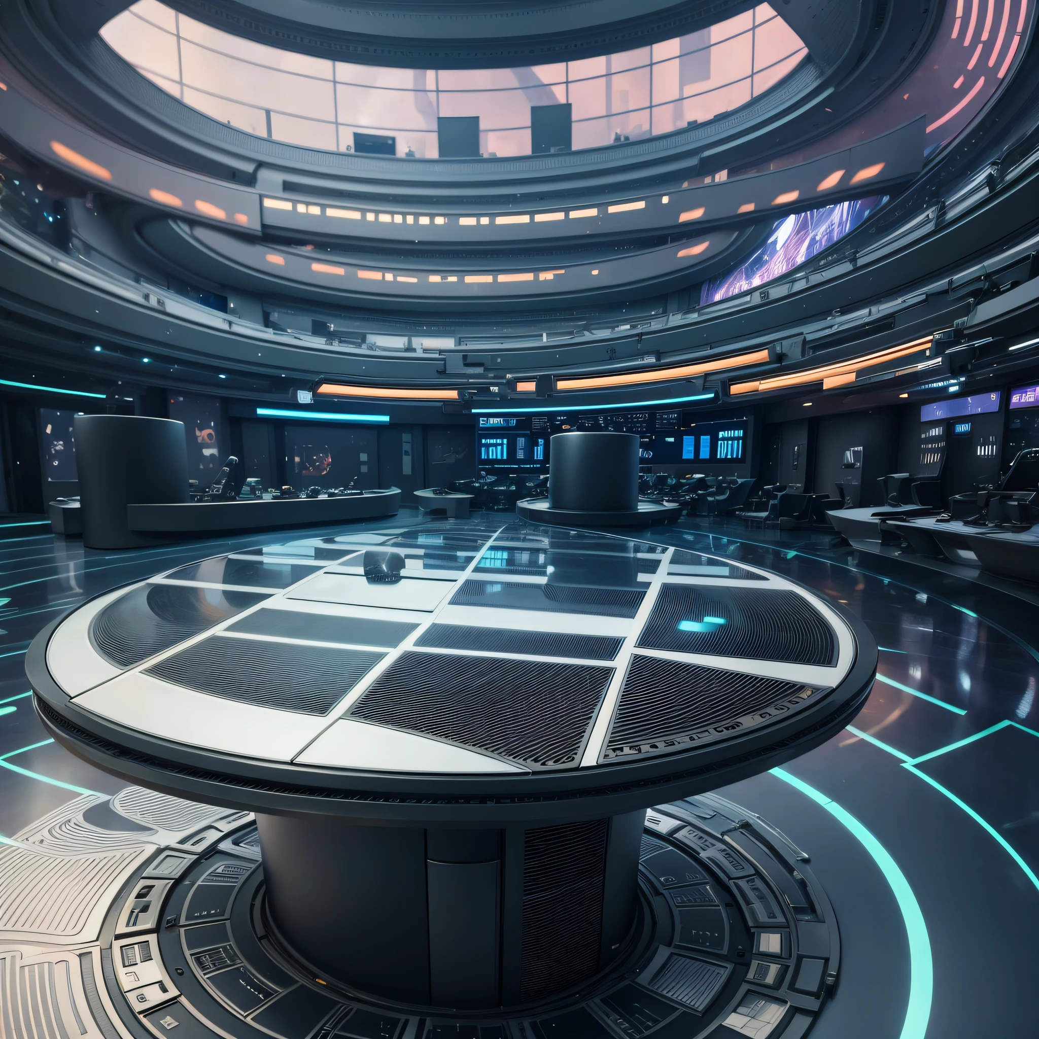 futuristic journalistic studio with a large table in the center of the image that hides the waist down part of the presented modern 8k best quality realistic masterpiece --auto --s2