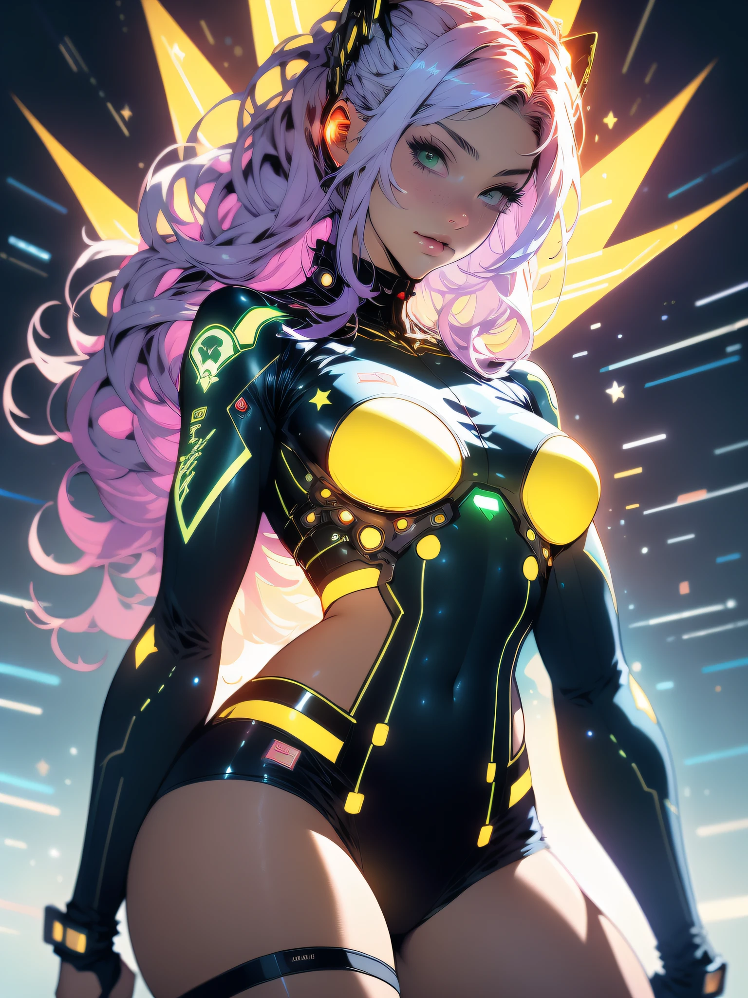 ((Best quality)), ((masterpiece)), (detailed: 1.4), (Absurd), Tank pilot woman ready for war, shiny skin, perfect body, defined muscles, half-thick bare thighs, closed mouth, only in panties, (((include stars throughout the outfit))), muscular body covered by yellow tech star outfit, Neon Genesis Evangelion style and masamune shirow girls, cyberpunk, generous neckline, ((perfect large breasts)), (well-outlined green eyes without pupils), ((long and very black eyelashes)), (((dark yellow clothing))), (misaligned purple and white hair), (((rot rod flames covering the breasts))), (Cosmic tattoo on the arms), short underwear, garter belt, by mucha, niji --V5, close to real, psychopath, crazy face, sexy pose, 2 piece clothing, pastel, centered, scale to fit the dimensions, HDR (High Dynamic Range),Ray Tracing,NVIDIA RTX,Super-Resolution,Unreal 5,Subsurface Dispersion, PBR Texture, Post-processing, Anisotropic filtering, Depth of field, Maximum clarity and sharpness, Multilayer textures, Albedo and specular maps, Surface shading, Accurate simulation of light-material interaction, Perfect proportions, Octane Render, Two-tone lighting, Wide aperture, Low ISO, White balance, Rule of thirds, 8K RAW, crysisnanosuit