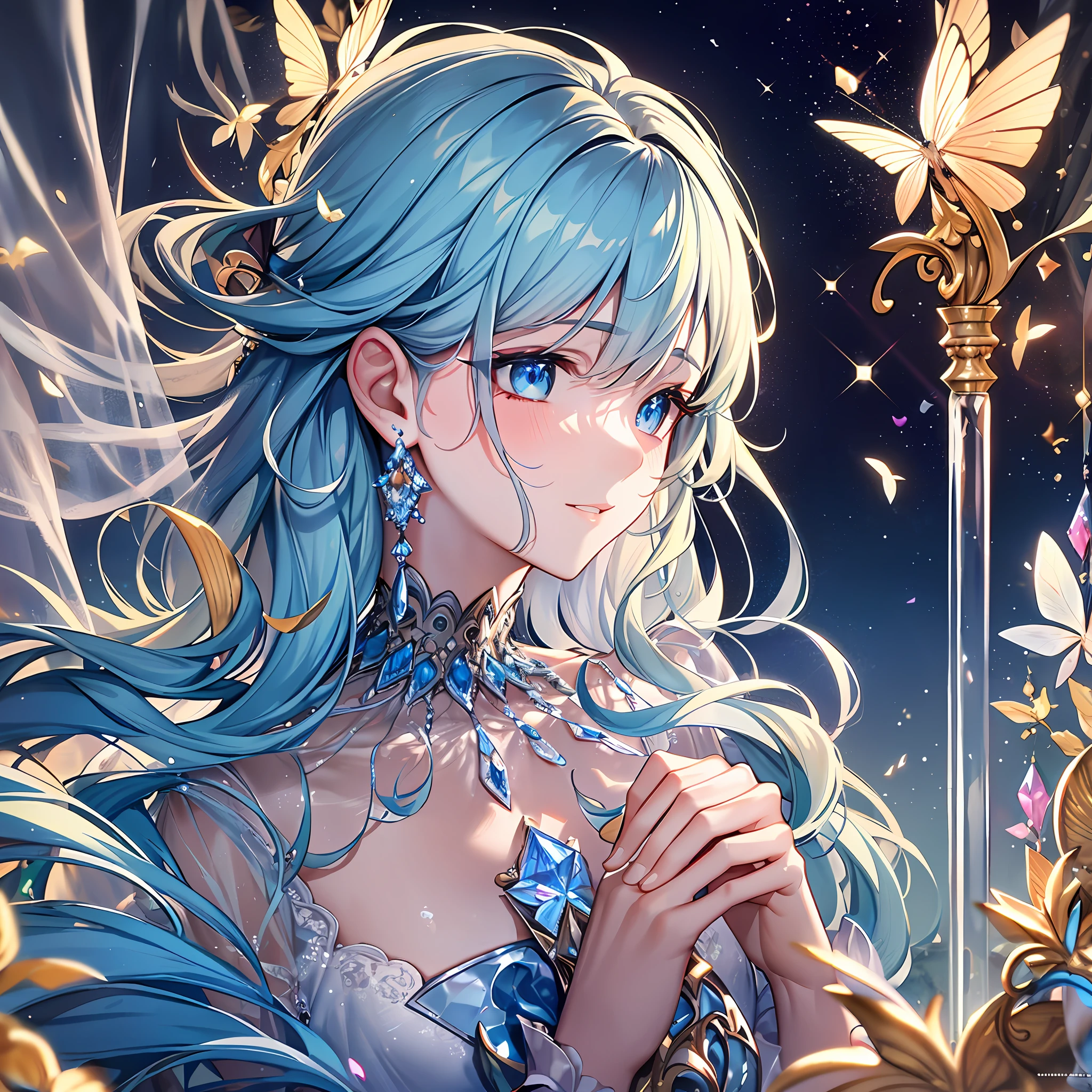 Extreme detail, high definition, 8k, masterpiece, masterpiece, depicting delicate hands, low saturation, beautiful boys, male, fluttering hair and clothes, depicting delicate facial features, depicting delicate eyes, opal-like eyes, light hair, earrings, crystals, glass, sparkling, shiny, diamond-like transparent hair, hair refracting rainbow light, diamonds, crystal fragments