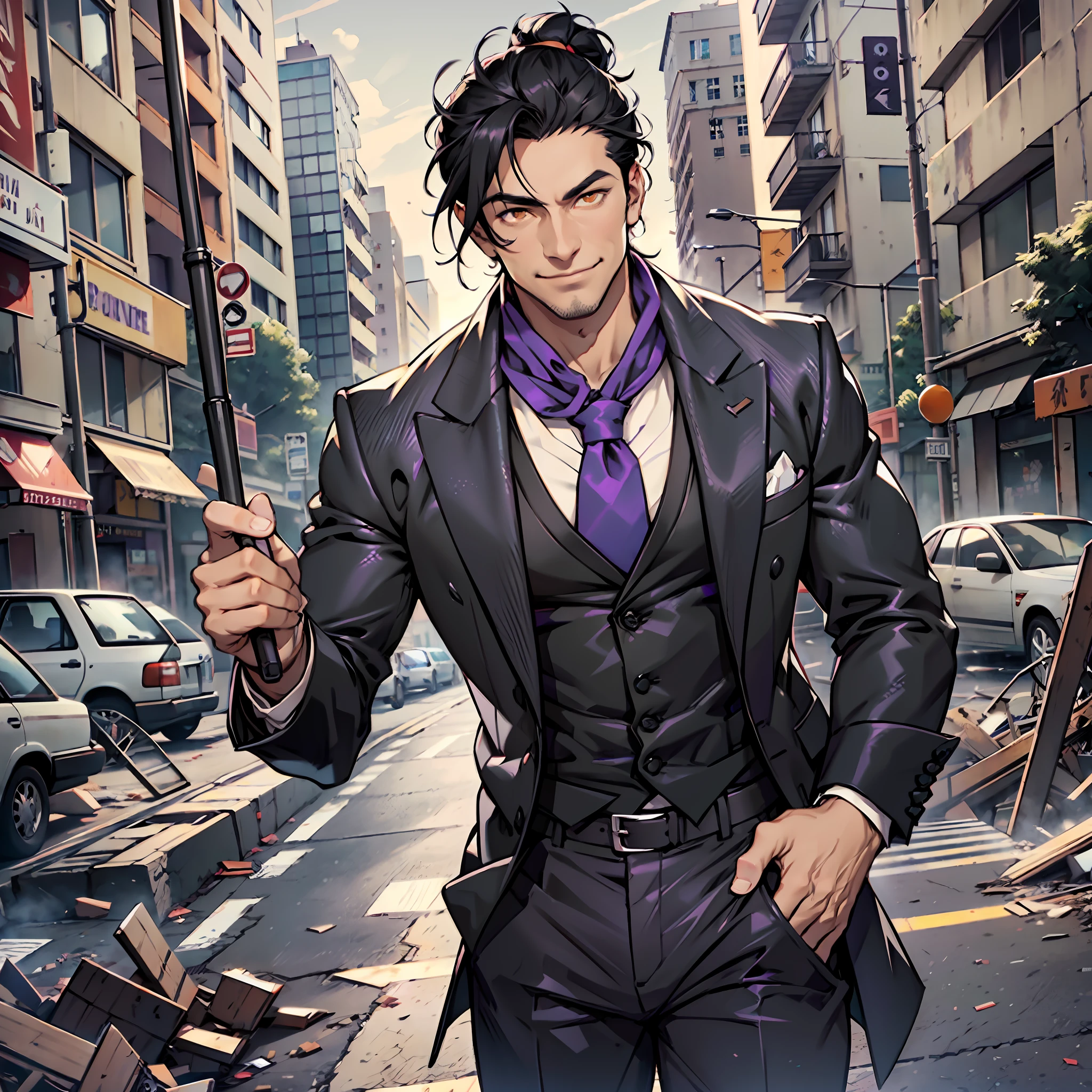 Elegant man, in his 50s, mature, dark black hair, short straight hair, hair up to neck height, orange eyes, black eye patch, gray social blouse, dark blouse underneath, purple scarf on tie, gray social pants, black social shoe, ivory colored cane, smiling discreetly, muscular man, Scenery abandoned city, wreckage, beautiful man.