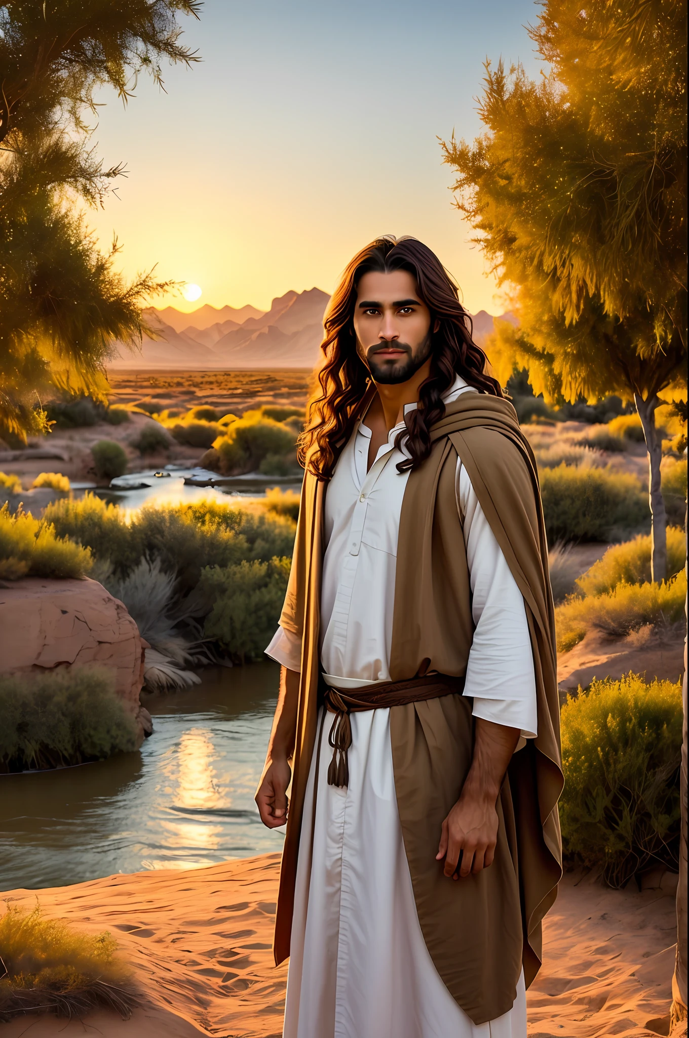 Biblical image, open plan, earthy tone, of a young man of 30 years of age, looking to the side, with brown skin, loose hair, long wavy dark hair, soft facial features, with serene expression, expressive eyes of brown color, wearing typical clothes of the Middle East, long loose tunic of linen in white color, wearing hood,  in a vast, twilight, ray-of-God landscape, with a predominant vegetation of willow trees and date palms along the river.