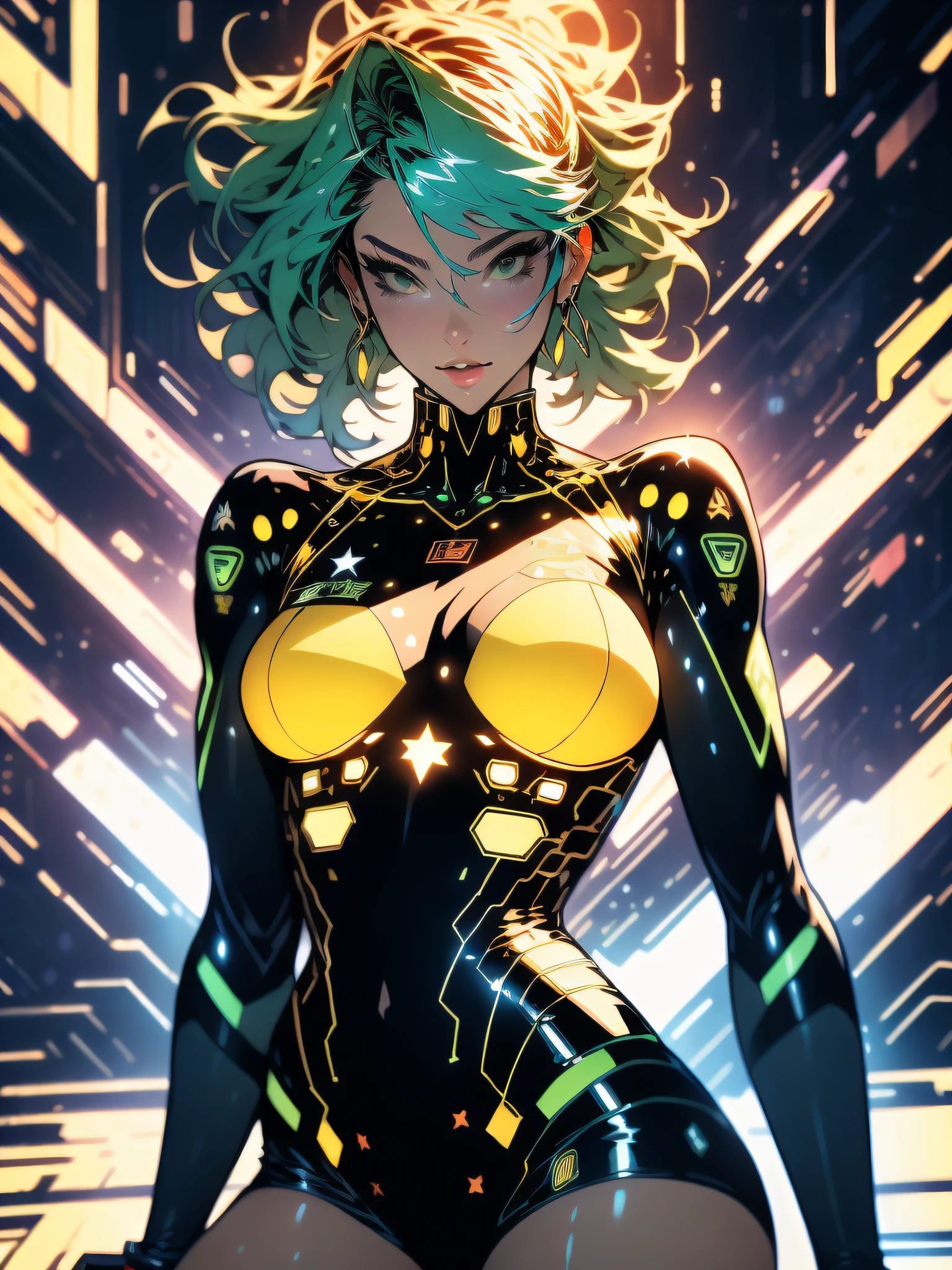 ((Best quality)), ((masterpiece)), (detailed: 1.4), (Absurd), Tank pilot woman ready for war, shiny skin, perfect body, defined muscles, half-thick bare thighs, closed mouth, only in panties, (((include stars throughout the outfit))), muscular body covered by yellow tech star outfit, Neon Genesis Evangelion style and masamune shirow girls, cyberpunk, generous neckline, ((perfect large breasts)), (well-outlined green eyes without pupils), ((long and very black eyelashes)), (((dark yellow clothing)))), (dark blue hair misaligned misaligned equal to major motoko kusanagi, Ghost in the Shell), (((rot rod flames covering breasts))), (Cosmic tattoo on arms), short underwear, garter belt, by mucha, niji --V5, close to real, psychopathic, crazy face, sexy pose, 2 piece clothing, pastel, centered, scale to fit dimensions, HDR (High Dynamic Range),Ray Tracing,NVIDIA RTX,Super-Resolution,Unreal 5,Subsurface dispersion, PBR texture, Post-processing, Anisotropic filtering, Depth of field, Maximum clarity and sharpness, Multilayer textures, Albedo and specular maps, Surface shading, Accurate simulation of light-material interaction, Perfect proportions, Octane Render, Two-tone lighting, Wide aperture, Low ISO, White balance, Rule of thirds, 8K RAW, crysisnanosuit