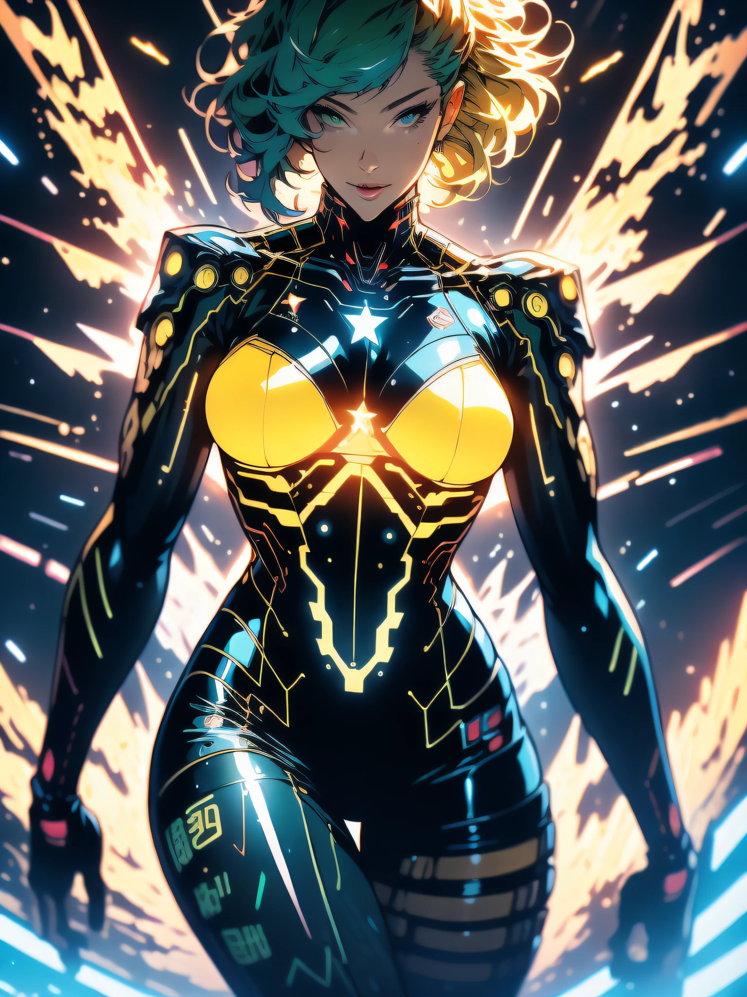 ((Best quality)), ((masterpiece)), (detailed: 1.4), (Absurd), Tank pilot woman ready for war, shiny skin, perfect body, defined muscles, half-thick bare thighs, closed mouth, only in panties, (((include stars throughout the outfit))), muscular body covered by yellow tech star outfit, Neon Genesis Evangelion style and masamune shirow girls, cyberpunk, generous neckline, ((perfect large breasts)), (well-outlined green eyes without pupils), ((long and very black eyelashes)), (((dark yellow clothing)))), (dark blue hair misaligned misaligned equal to major motoko kusanagi, Ghost in the Shell), (((rot rod flames covering breasts))), (Cosmic tattoo on arms), short underwear, garter belt, by mucha, niji --V5, close to real, psychopathic, crazy face, sexy pose, 2 piece clothing, pastel, centered, scale to fit dimensions, HDR (High Dynamic Range),Ray Tracing,NVIDIA RTX,Super-Resolution,Unreal 5,Subsurface dispersion, PBR texture, Post-processing, Anisotropic filtering, Depth of field, Maximum clarity and sharpness, Multilayer textures, Albedo and specular maps, Surface shading, Accurate simulation of light-material interaction, Perfect proportions, Octane Render, Two-tone lighting, Wide aperture, Low ISO, White balance, Rule of thirds, 8K RAW, crysisnanosuit