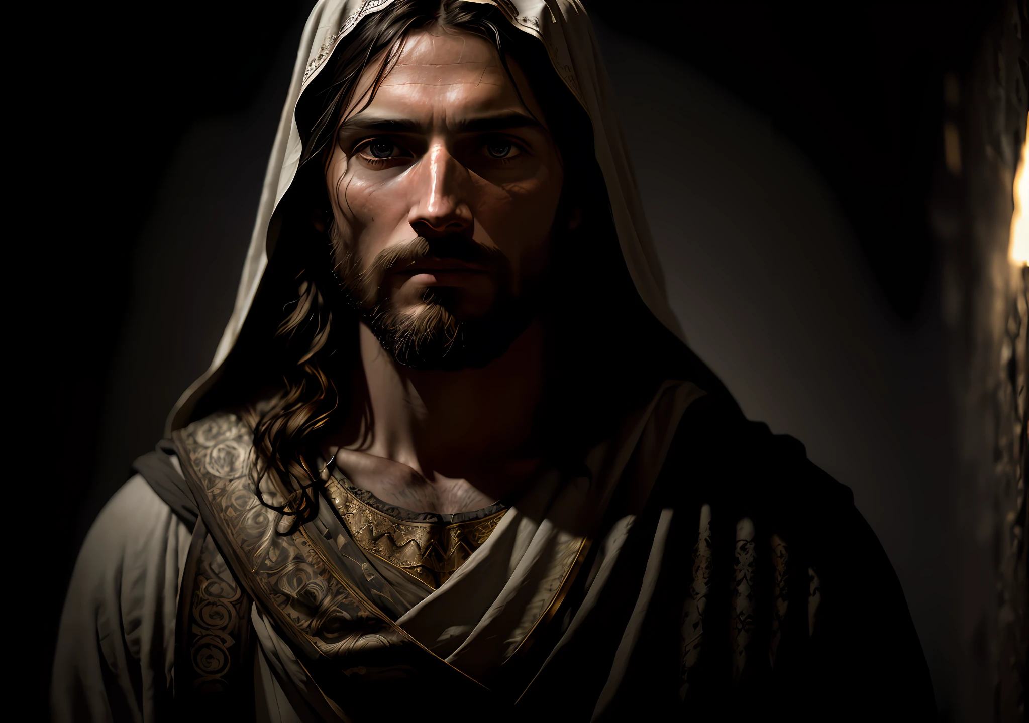 JESUS CHRIST DARK PHOTO: realistic epic, soft cinematic portrait, adobe lightroom, photographic lab, highly detailed, faded, (neutral colors: 1.2), (hdr: 1.4) , (soft colors:1.2), hyperdetailed, (artstation:1.4), cinematic, warm lights, dramatic light, (intricate details:1.1), complex background, (rutkowski:0.66), (blue and orange:0.4)
