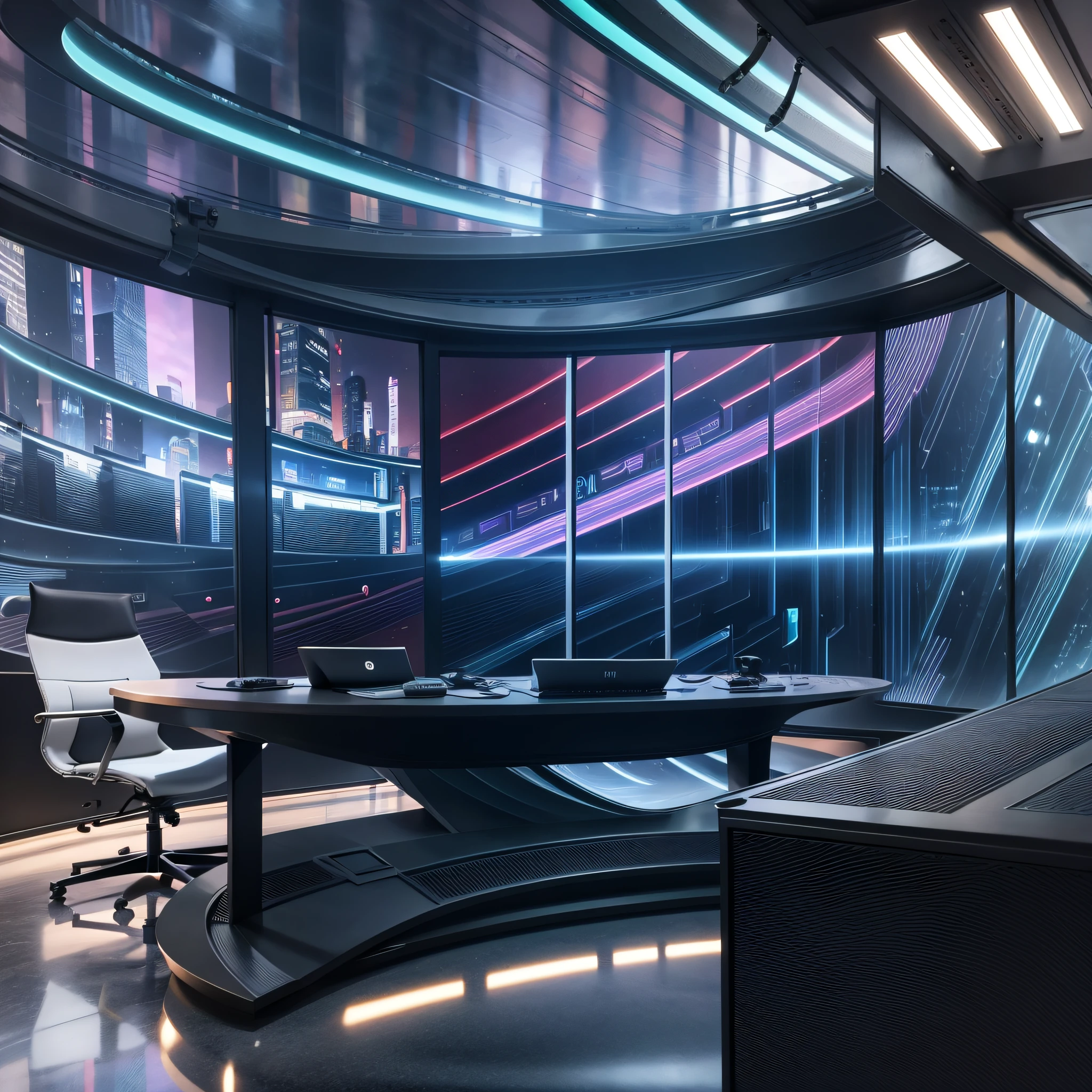 futuristic journalistic studio with a large table in the center of the image that hides the waist down part of the presented modern 8k best quality realistic masterpiece --auto --s2