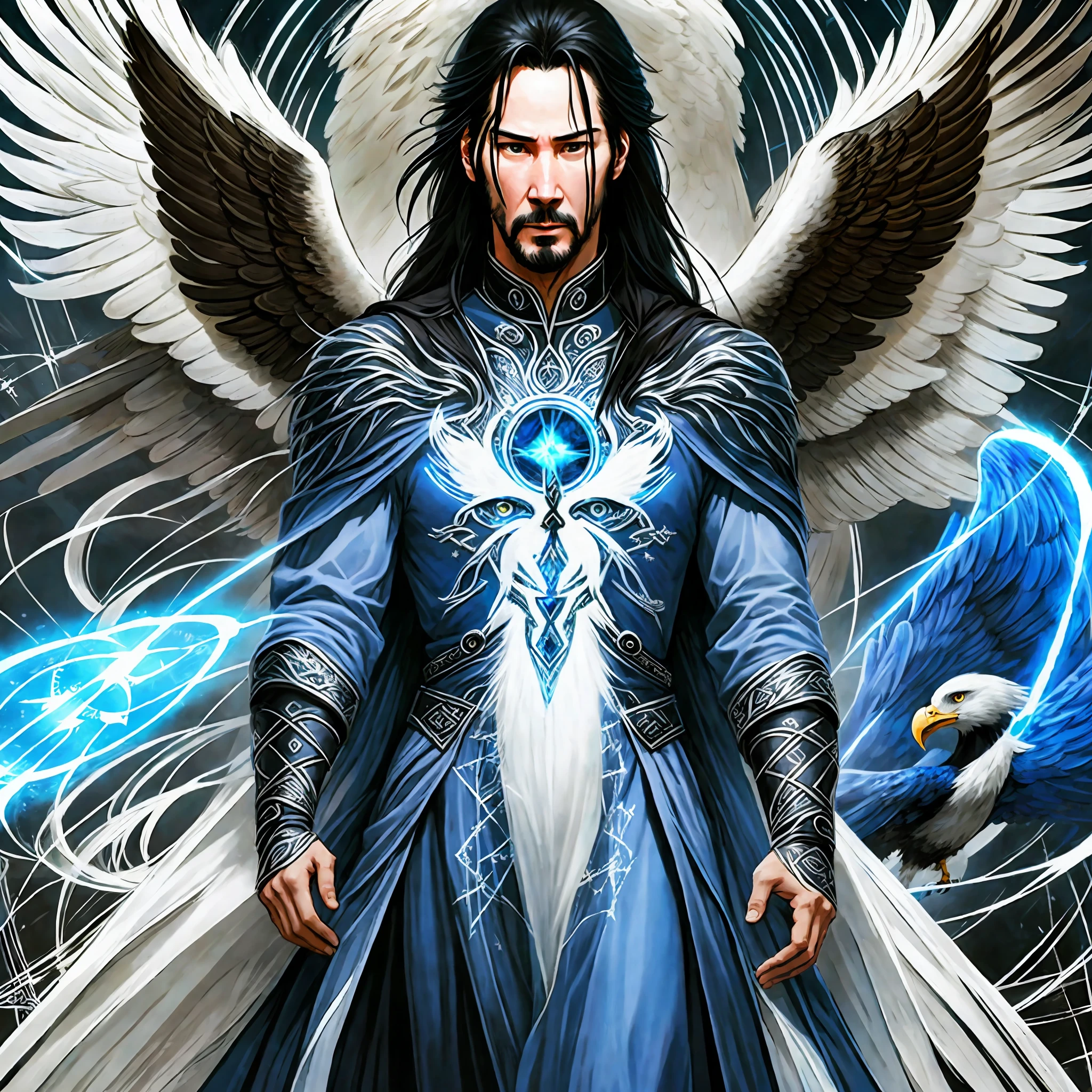 Keanu Reeves A legendary white wizard with a sinister appearance, a thin body, sunken eyes, tribal paint around his eyes, and long black hair. He wears a medieval Celtic tunic with two crossed eagles carved into the garment and wields an eagle staff topped with a blue crystal. Its presence is remarkable when it arrives in full length on the reference sheet. --auto --s2