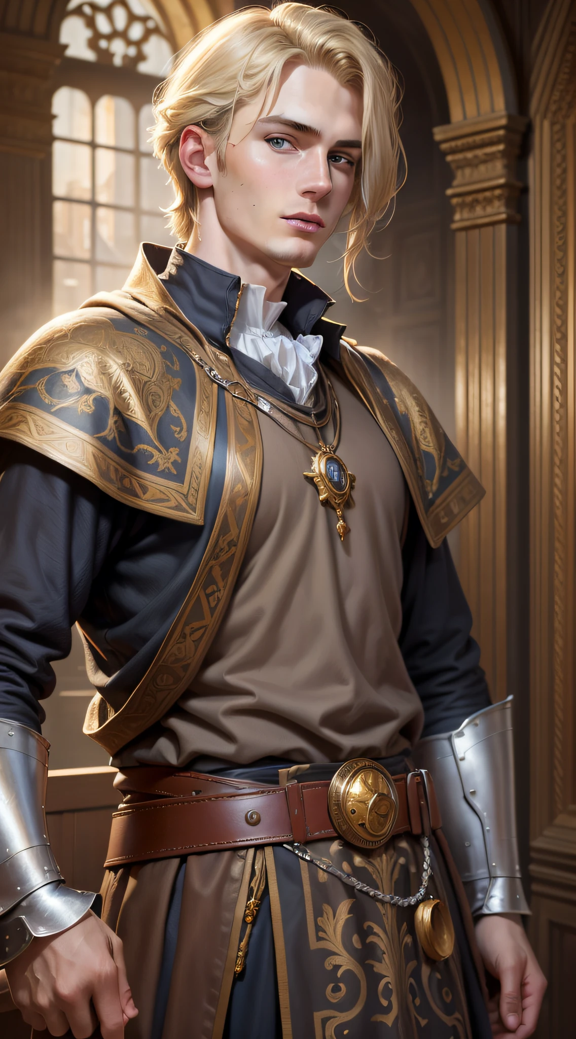 (realistic oil art, image up to the waist, young man of 20 years, Danish, blonde hair), costume of medieval noble, medieval clothing, ornate, arrogant, messy, critical camera, blurred background, warm light, more details in the clothes, strong leftovers, arrogant pose