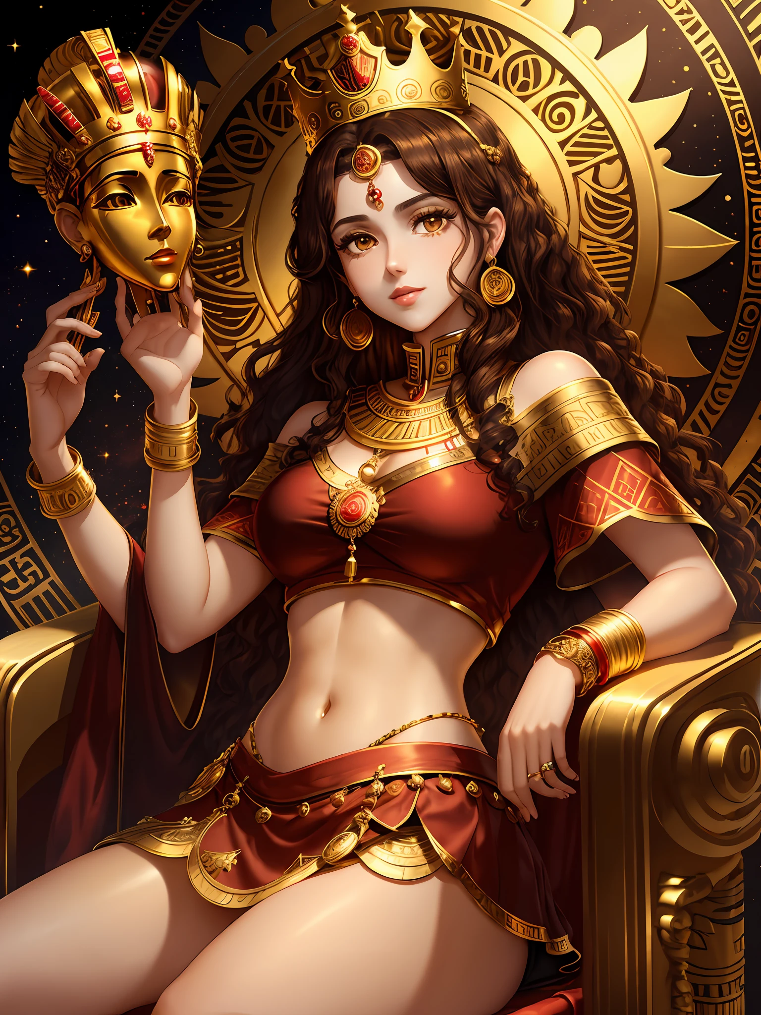 White girl, dark curly hair, brown eyes, red cropped blouse, red skirt, red lipstick, sitting on the golden throne, thin leg, young, golden crown, in egypt, small gold watch, gold bracelet, gold cord, winged solar disk, holding papyrus staff