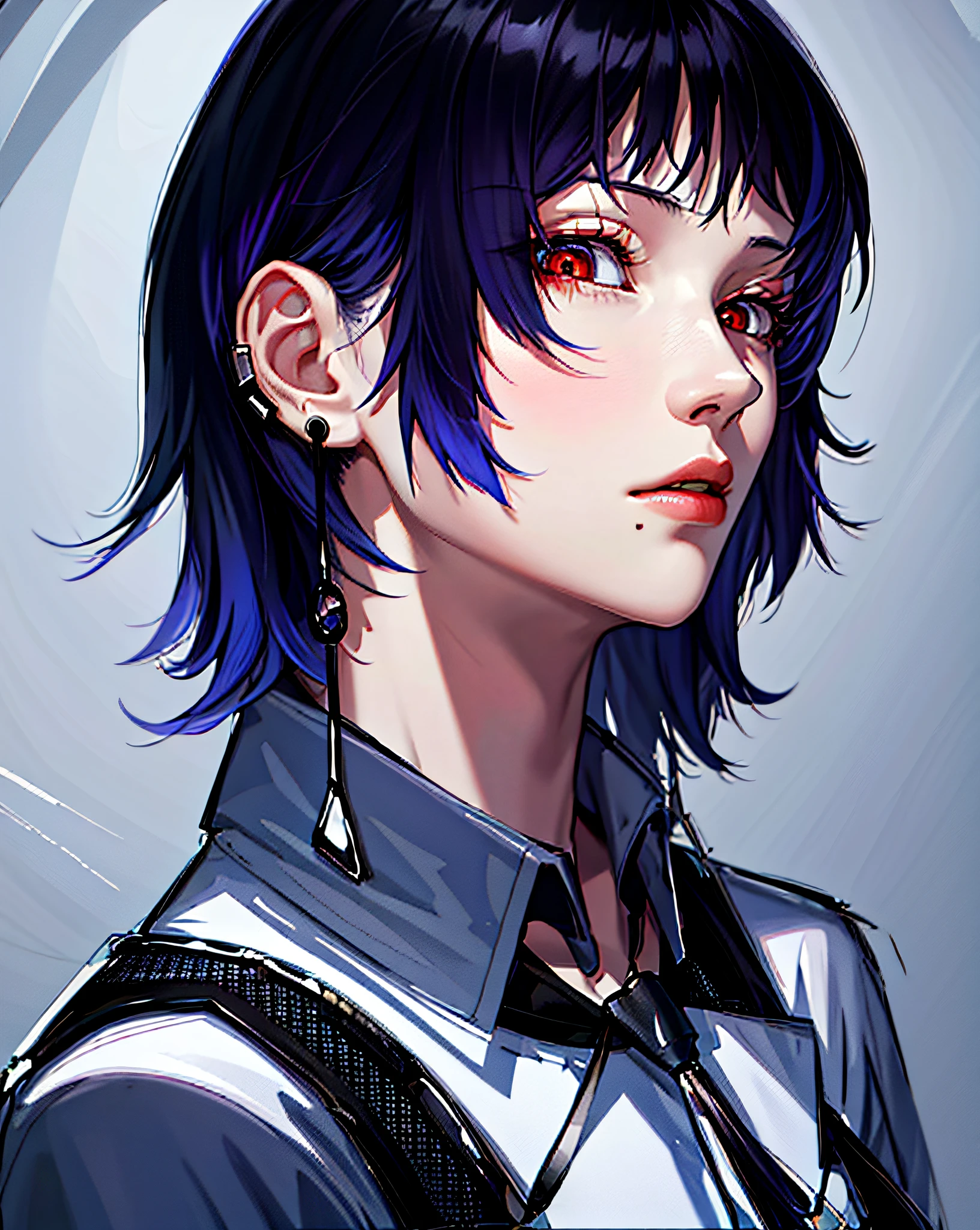 (best quality) [bluish black hair:1.2,red eyes:1.1, dark circles slightly purple, pale skin:1.1],white background, dynamic, high contrast, mysterious scene, soft lighting, high quality rendering.