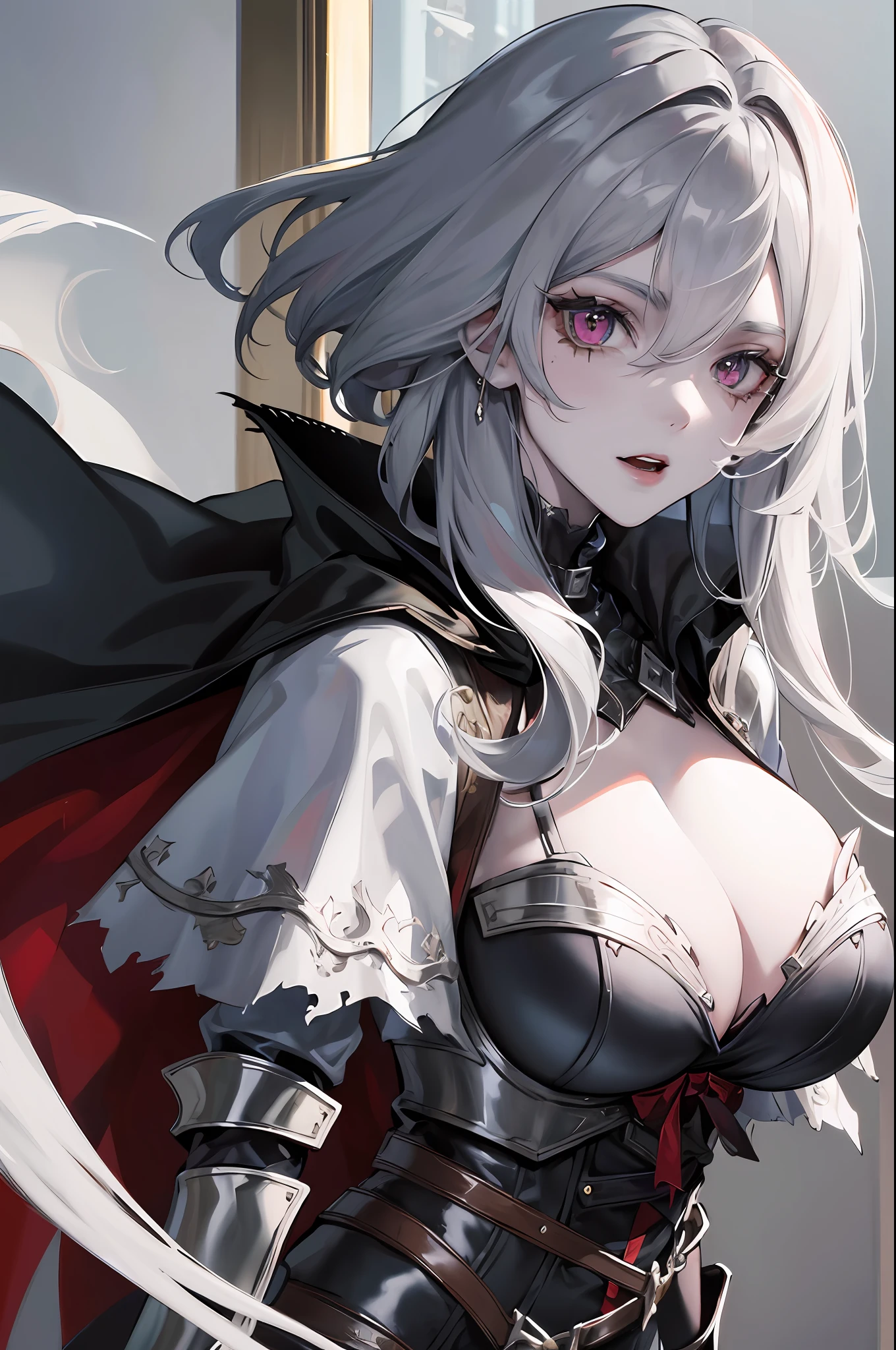 vampire, , masterpiece, best quality, super detailed, illustration, super detailed face, best face, evil,, adult, 1girl, 40 years old, big breasts, no humans, gray hair, torn armor, cape, pale skin, intricate detail outfit