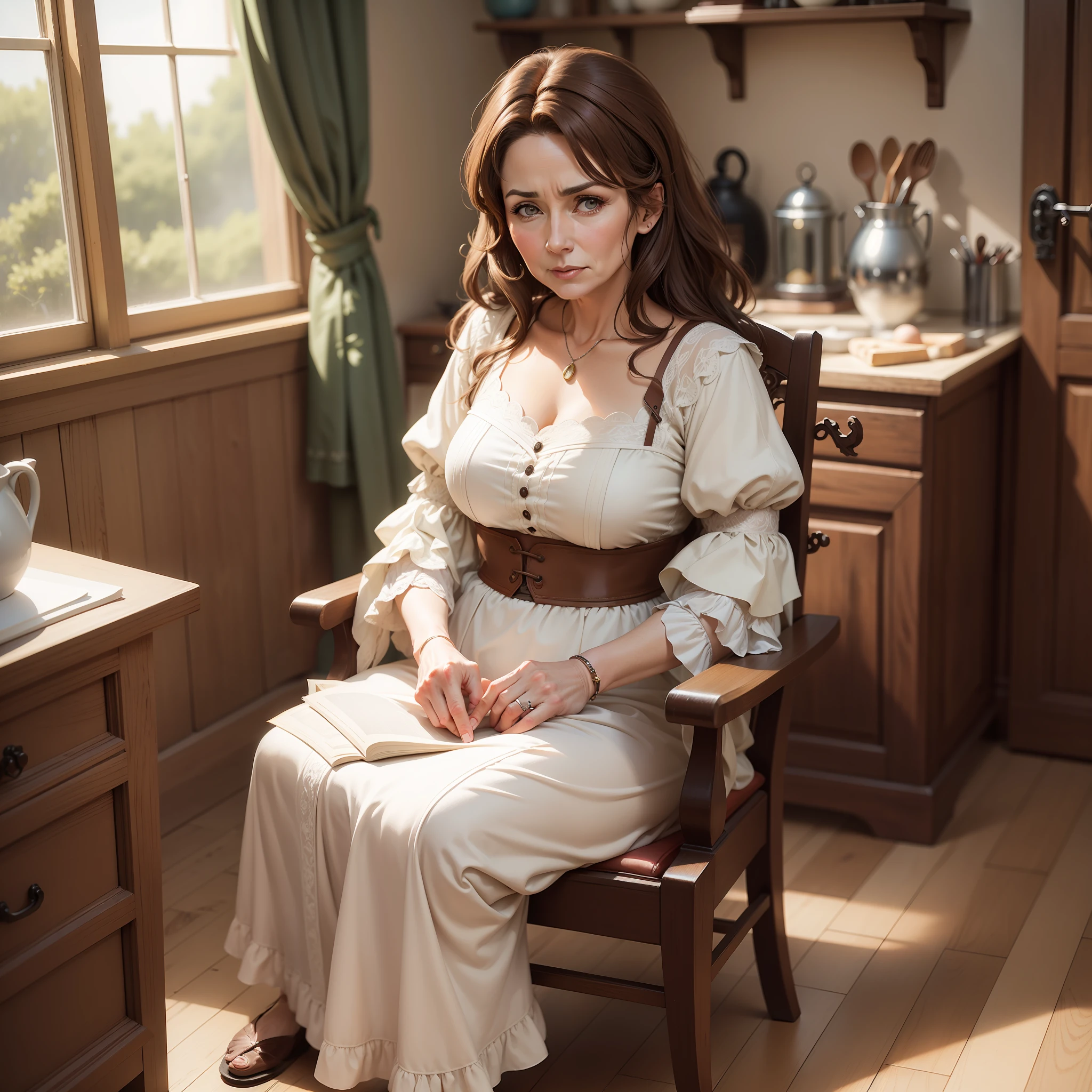 A 58-year-old woman with brown hair, medieval, anime, housewife