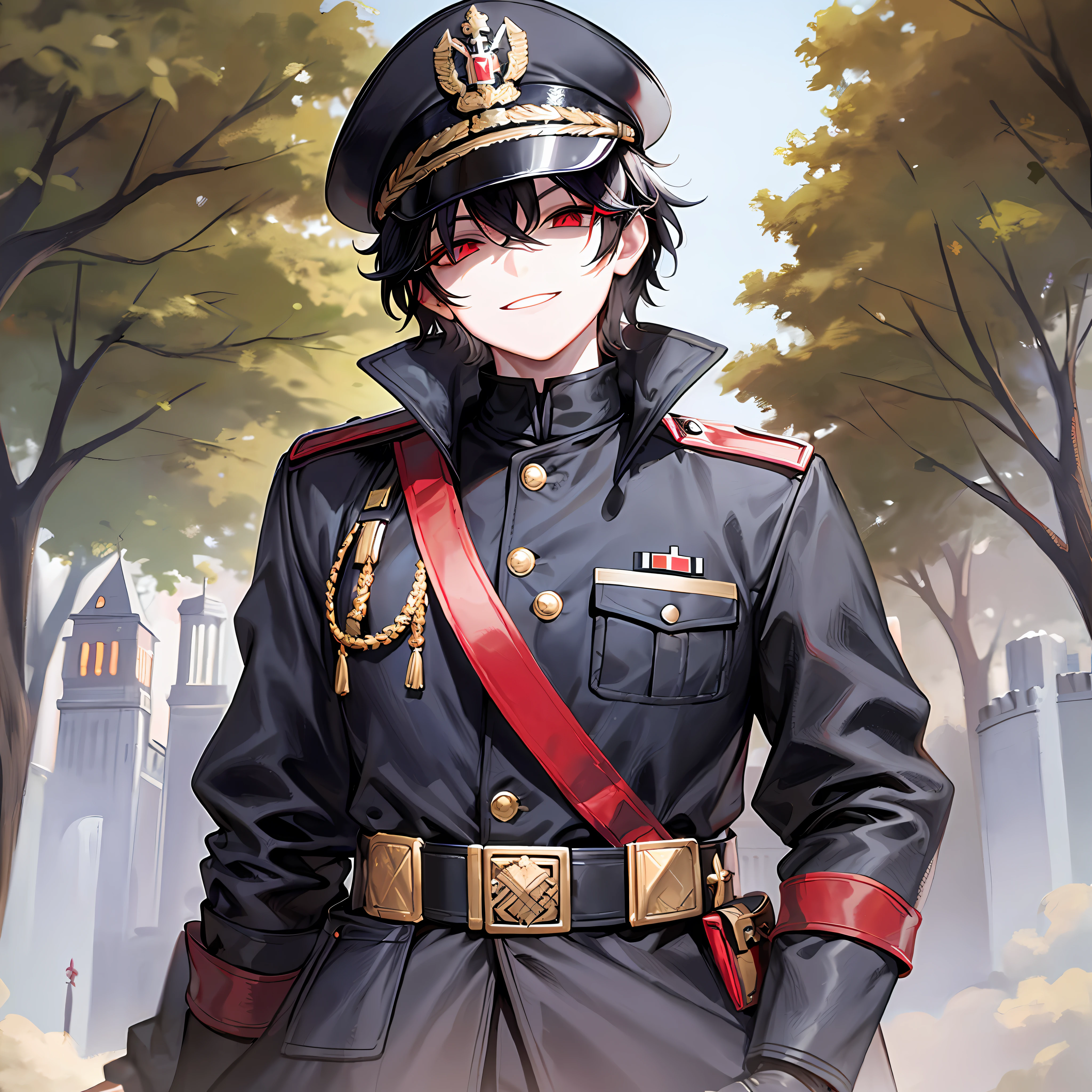Red eyes, pale skin, smiling, short black hair, black Nazi outfit, German officer hat, looking at the viewer, standing in front of a castle, cowboy shot, male, masterpiece