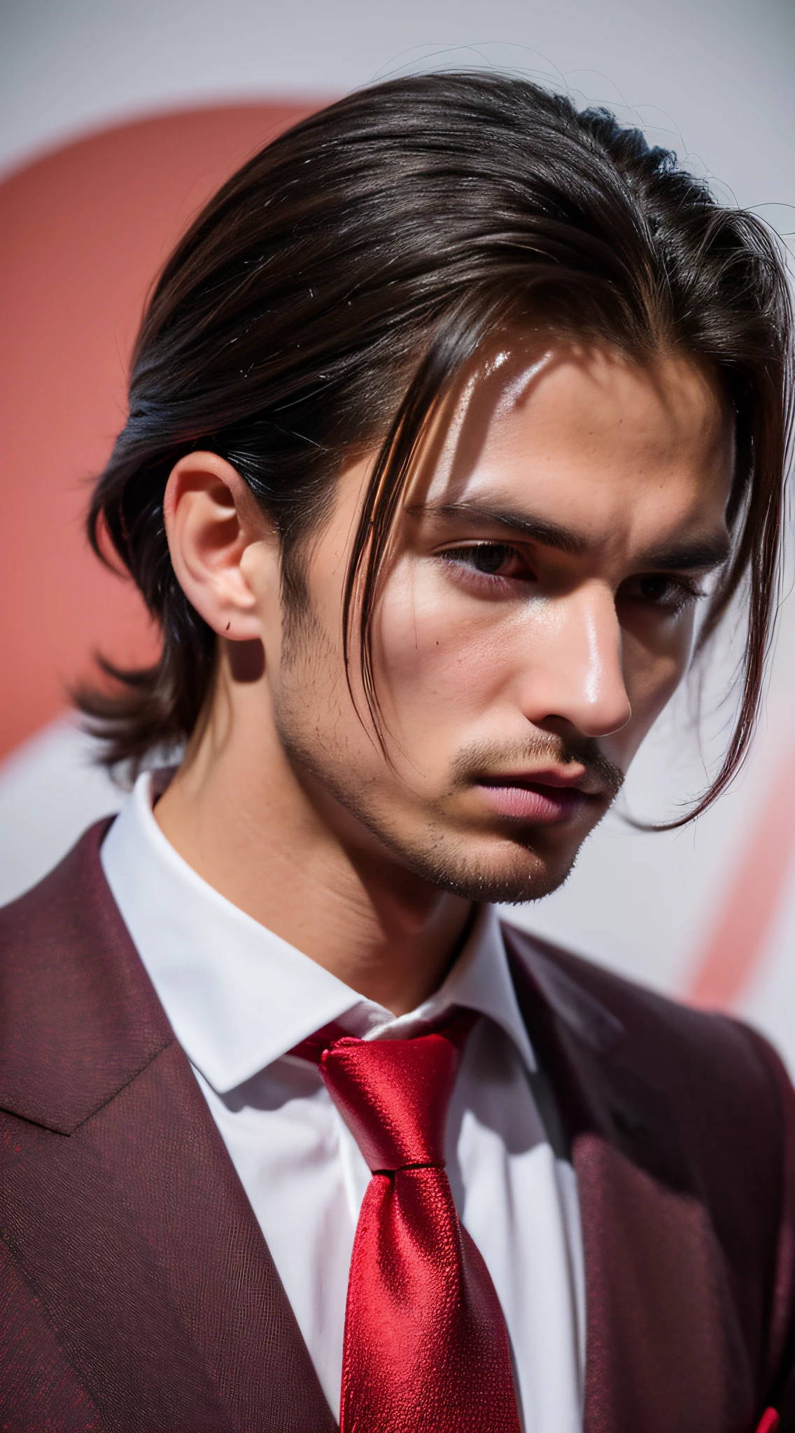 ((Masterpiece 8k))+((High_resolution)), 1European_Scandinavian_man the devil Lucifer, 1man with athletic_body; 1.2, pale and radiant skin, red_eyes, long black hair straight over the shoulders, immense power, haughty, highly symmetrical face with slightly angular features ((perfect_face: 1.2)), wearing black business attire, black suit, carmine red shirt and tie, angel in perfection, fallen_angel, big_black_wings, black_feathers, style by Yohji Yamamoto