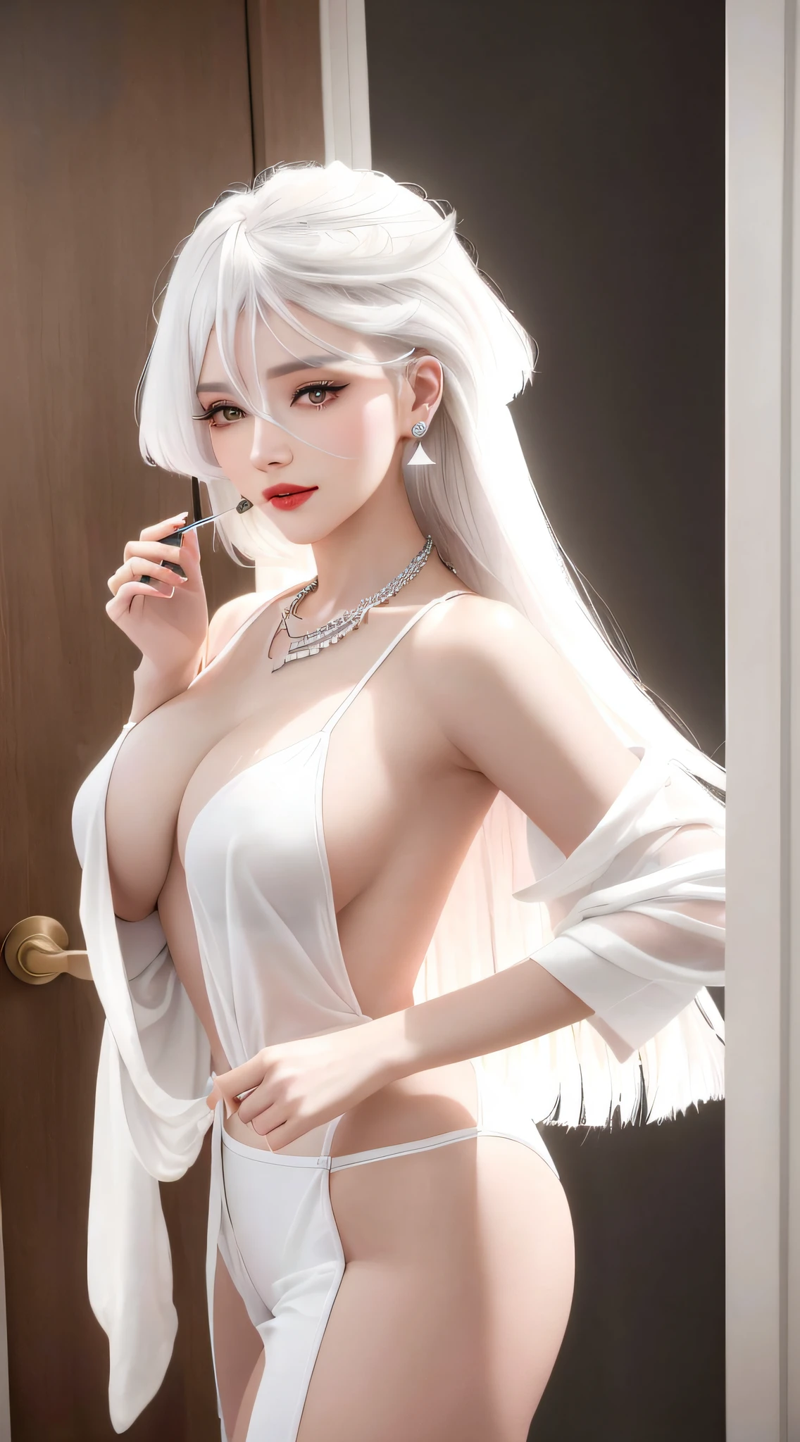 standing inside bathroom, aroused, necklace, earrings, full body, long white hair, white bathrobe, superb, ultra-high-definition, RAW photo, realism: 1.25), (bright lip gloss, long eyelashes, smooth face , bright skin, natural shadows, wide light, wide light, depth of field, strong colors, subtle caustics: 0.8), smile, (big tits), v6