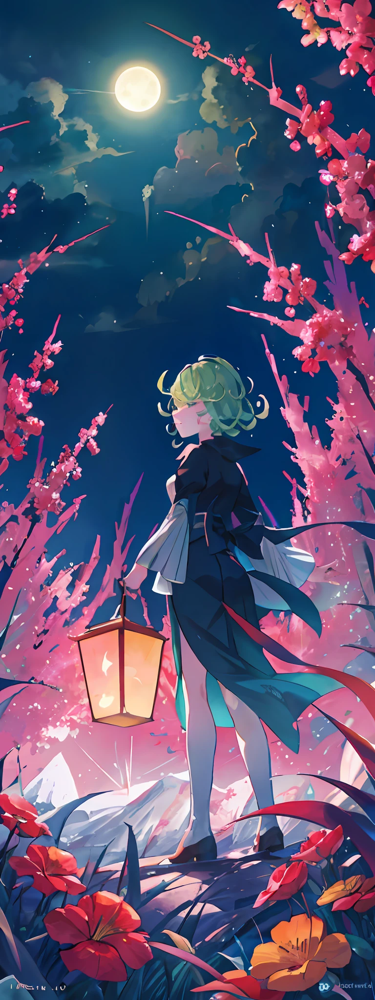 A wide landscape photo (view from below, the sky is above and the open field is below), a Tatsumaki standing in a field of flowers looking up (full moon: 1.2), (meteor: 0.9), (nebula: 1.3), distant mountains, BREAK Crafting Art Trees, (Hot Light: 1.2), (Firefly: 1.2), Lights, Very Purple and Orange, Intricate Details, BREAK Volumetric Lighting (Masterpiece: 1.2), (Best Quality), 4k, Ultra Detailed, (Dynamic Composition: 1.4), Rich in Detail and Color, (Rainbow Color: 1.2), (Brightness, Atmospheric Lighting), Dreamer, Magician, (Solo: 1.2)