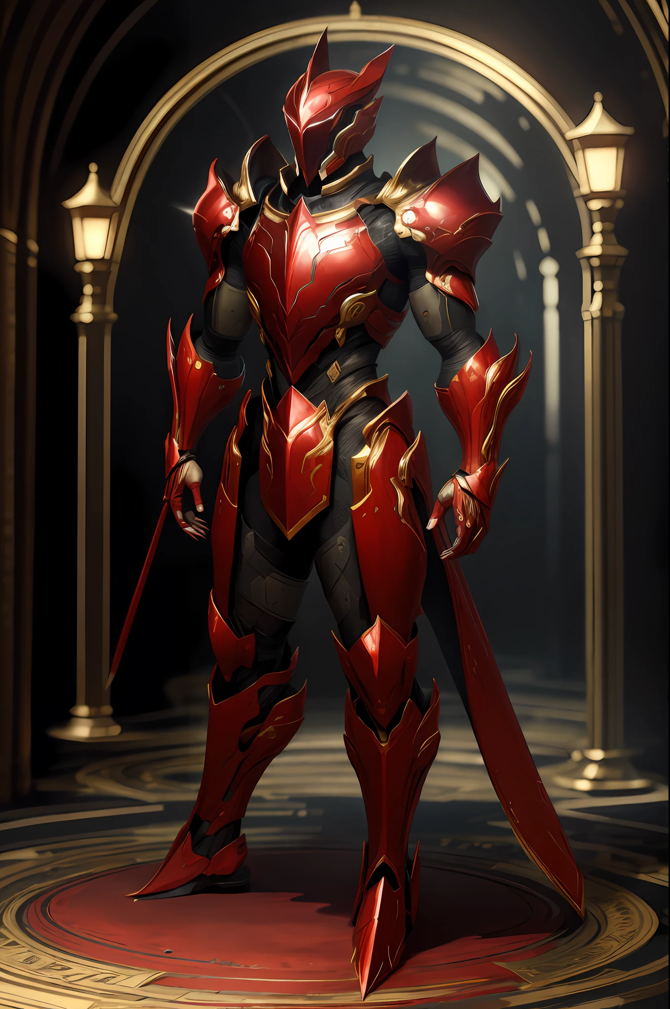 masterpiece, best quality, 1 man, armor, full body, looking at the viewer, crimson armor,