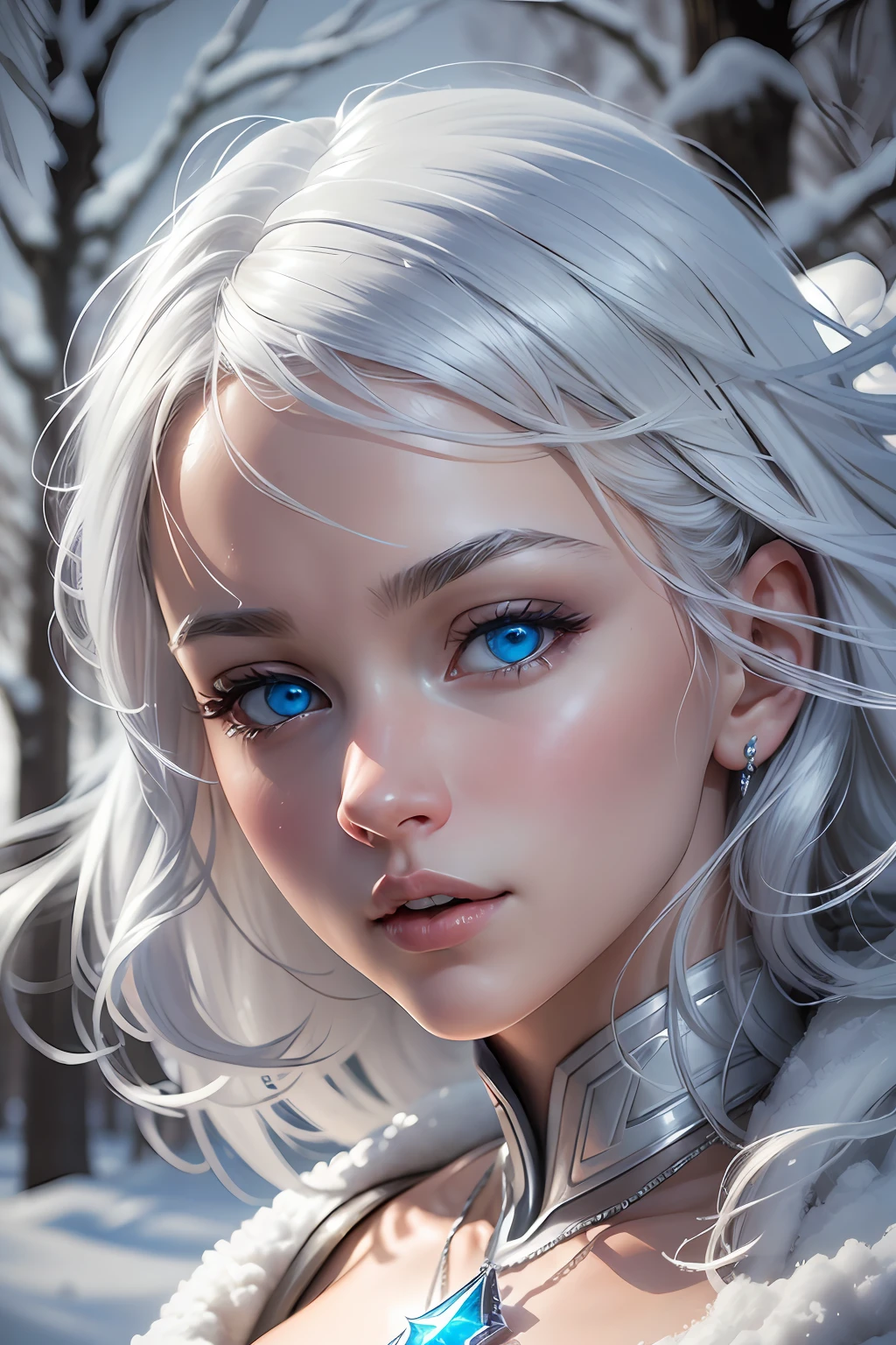 (masterpiece), best quality, ultra-detailed, realistic, dynamic pose, floating, snow, winter, (1girl), beautiful face, blue eyes, white hair, X-Men, Marvel Comics, silver diamond necklace, high resolution, (low key+high saturation):0.8, (subtle vignette+cinematic color grading):0.9.