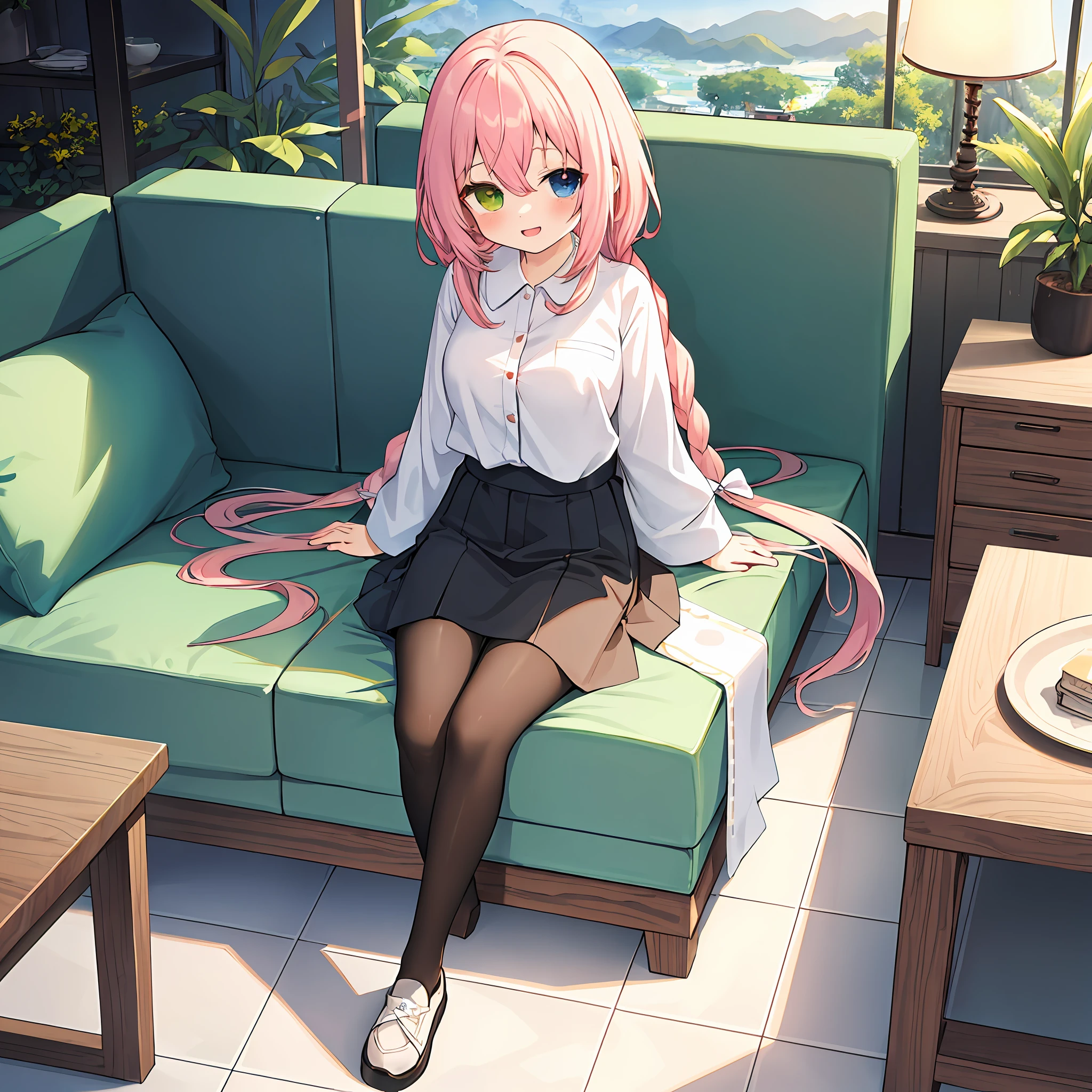 (masterpiece,ultra-detailed,Best quality, 8k, 32k,high resolution,Kyoto Animation style of anime illustration, highest quality official art featuring:1.6),(heterochromia,blue eyes and green eyes:1.8),(chibi:1.8),(caregiver,1 cute girl,solo,standing,looking at viewer,full body,front body,cute open mouth,make up,kawaii,happy smile:1.3),(loli:1.2),(kawaii:1.5),(Clothing:black long under shirt,simple design red polo shirt with 3buttons, black pants),(Footwear:sneaker),(pale pink hair, twin braids, long hair,hair ribbon,cute ribbon:1.1),slender eyebrows, large breast,(bakcground:couch, plant, indoors, scenery, chair, table, pillow, wooden floor, potted plant, tile floor, tiles, lamp),