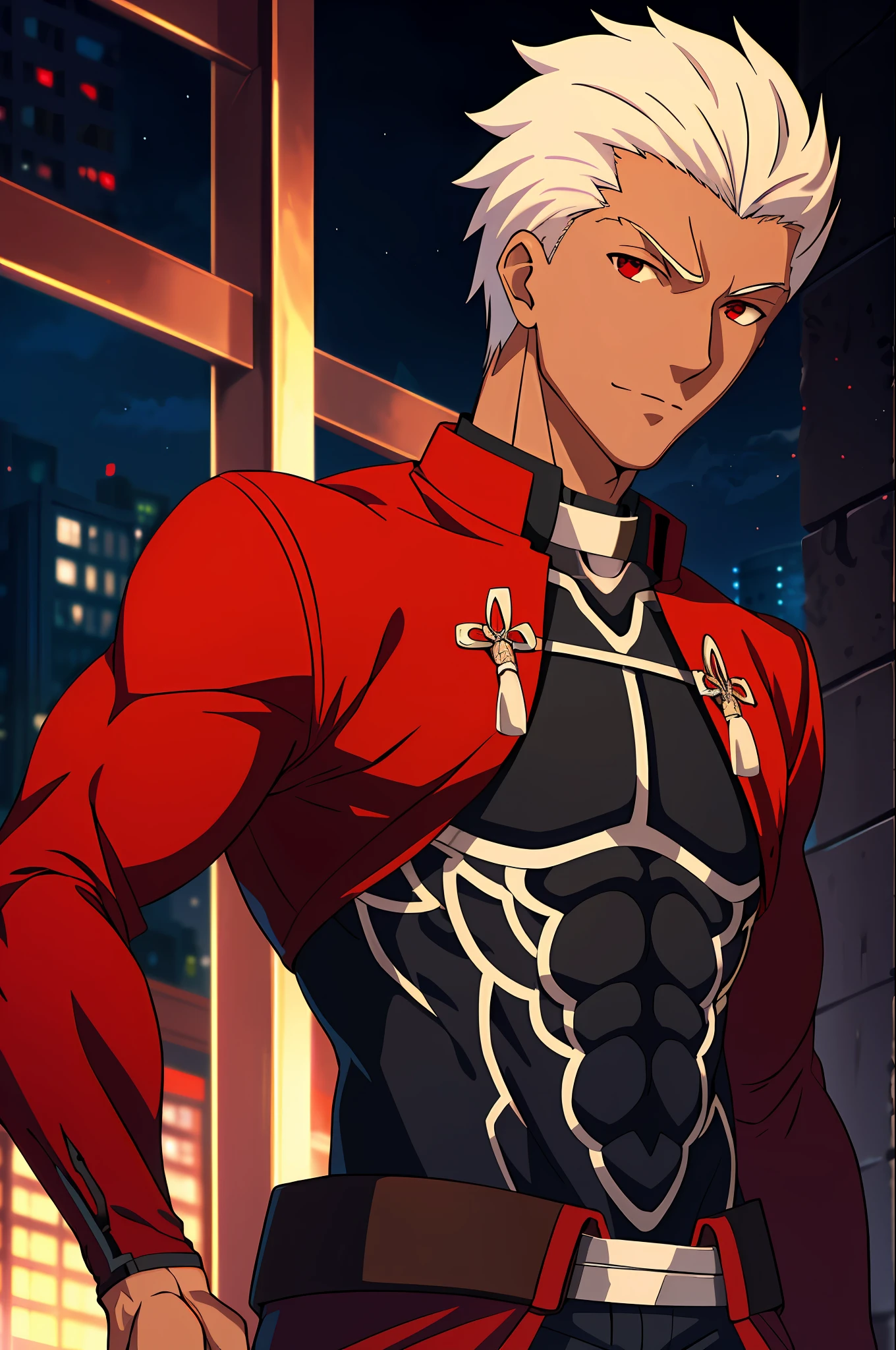 masterpiece, best quality, 1boy, solo, (archer \(fate\):1.2), dark-skinned male, dark skin, looking at viewer, upper body, red eyes, red jacket, black shirt, covered abs, looking at viewer, upper body, city, cityscape, sky, night, ulra detailed, 8k, high res, (detailed manly face: 1.2), (anime: 1.3), (fate unlimited blade works: 1.1), award winning, anatomically correct, muscular, eye focus, smirk,