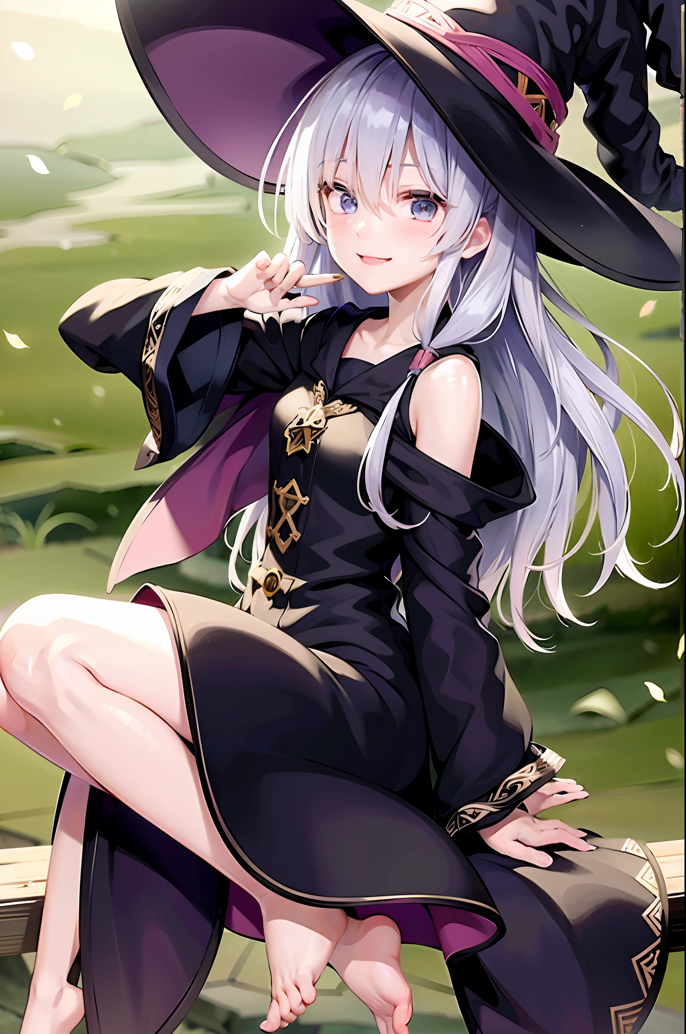 Renuncied Lyileina, witch's hat, black robe, seven-headed, smile, broomstick, fly in the sky, top quality