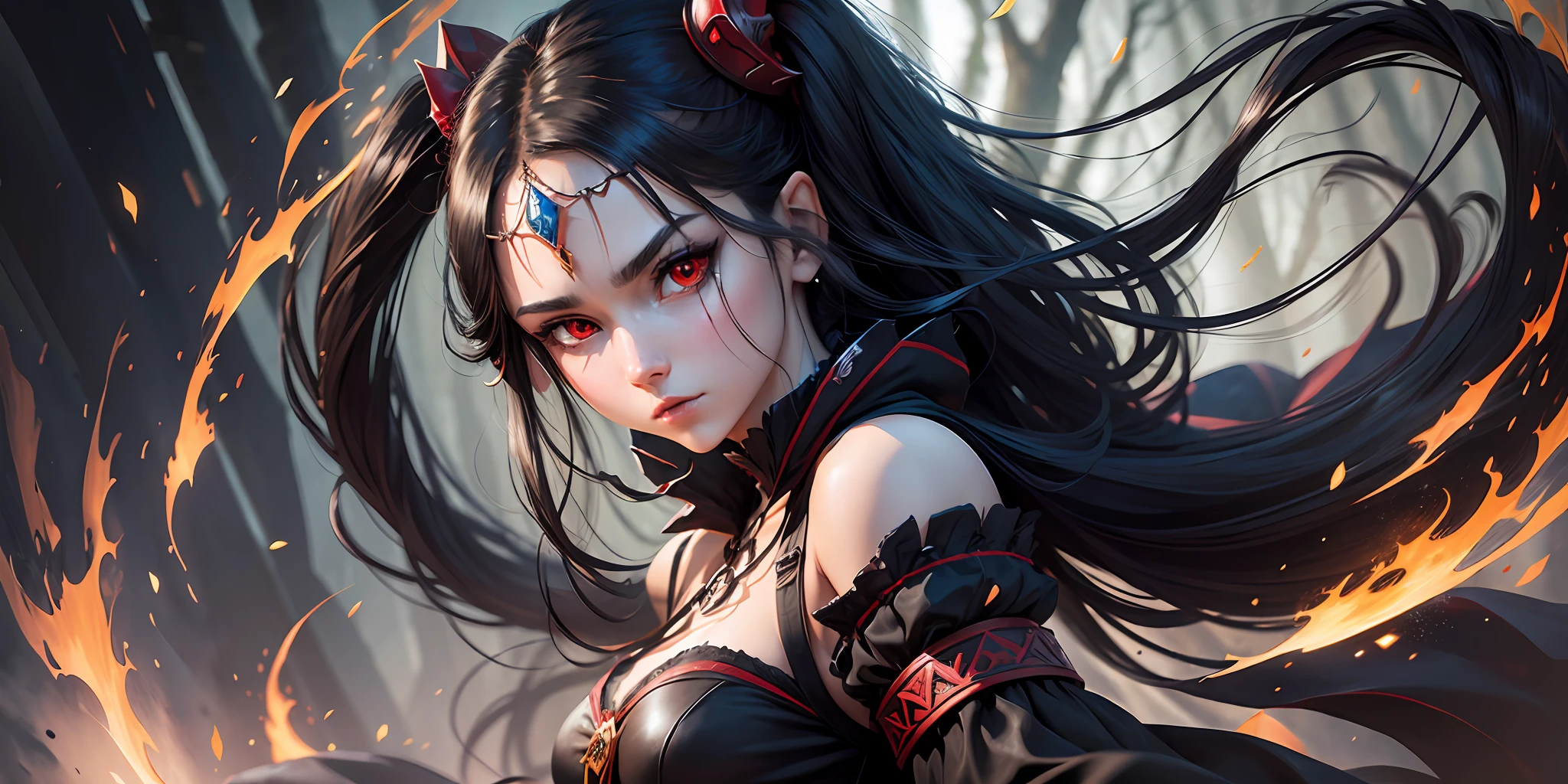 A full-body shot of Princess Zelda, black hair, dark red eyes, dressed as Yeneffer from The Witcher, in a black outfit and witches hat with dark red details, 25 years old, XL bust, using a wand, casting a spell, ready to battle, fighting stance, Background: At night in a spooky forest. Unreal Engine 5, Anime, Anime style, Masterpiece, Well drawn eyes, well drawn face, well detailed eyes, well detailed face, 8k, light and shadow effect. --auto --s2