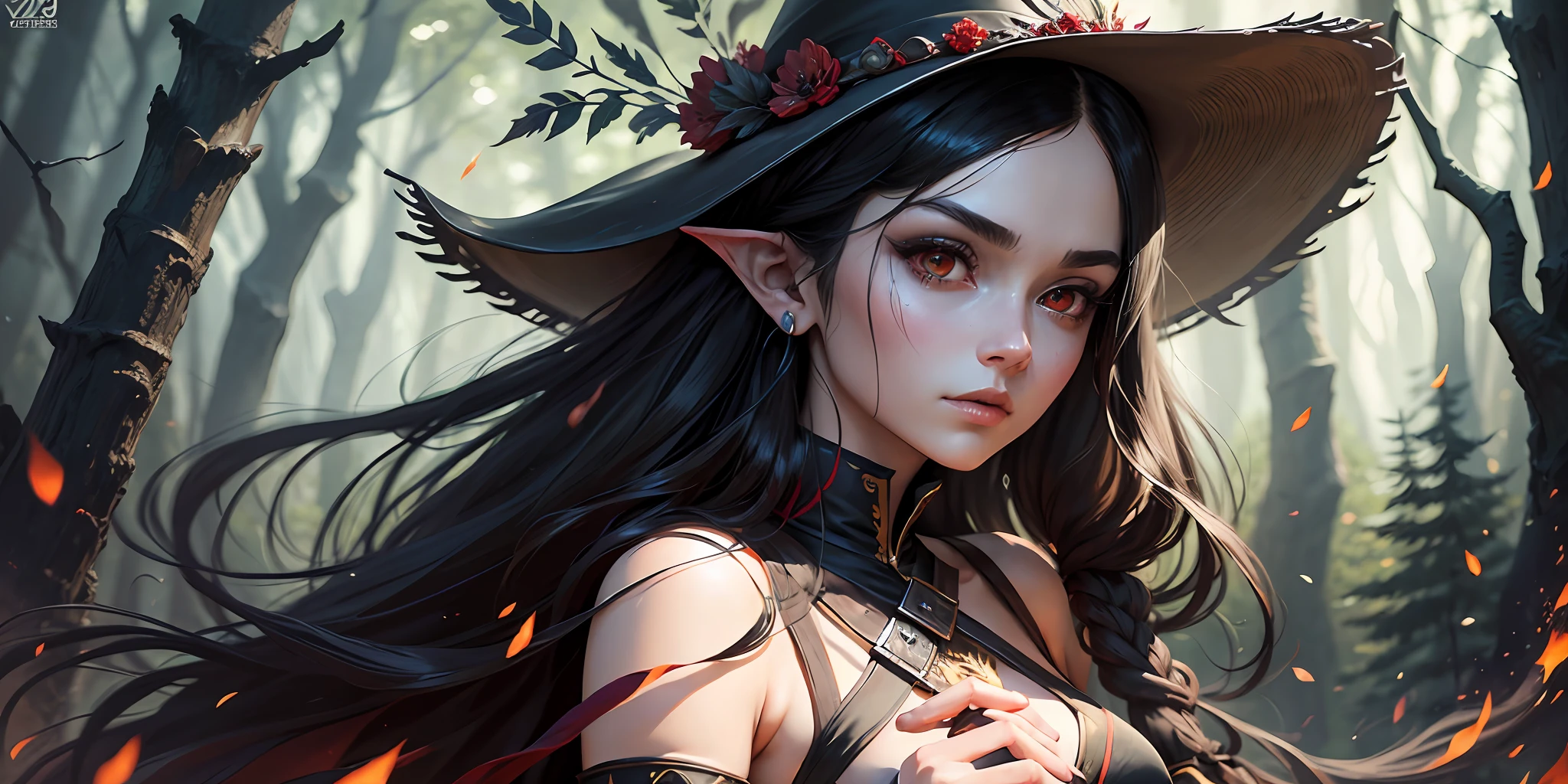 A full-body shot of Princess Zelda, black hair, dark red eyes, dressed as Yeneffer from The Witcher, in a black outfit and witches hat with dark red details, 25 years old, XL bust, using a wand, casting a spell, ready to battle, fighting stance, Background: At night in a spooky forest. Unreal Engine 5, Anime, Anime style, Masterpiece, Well drawn eyes, well drawn face, well detailed eyes, well detailed face, 8k, light and shadow effect. --auto --s2