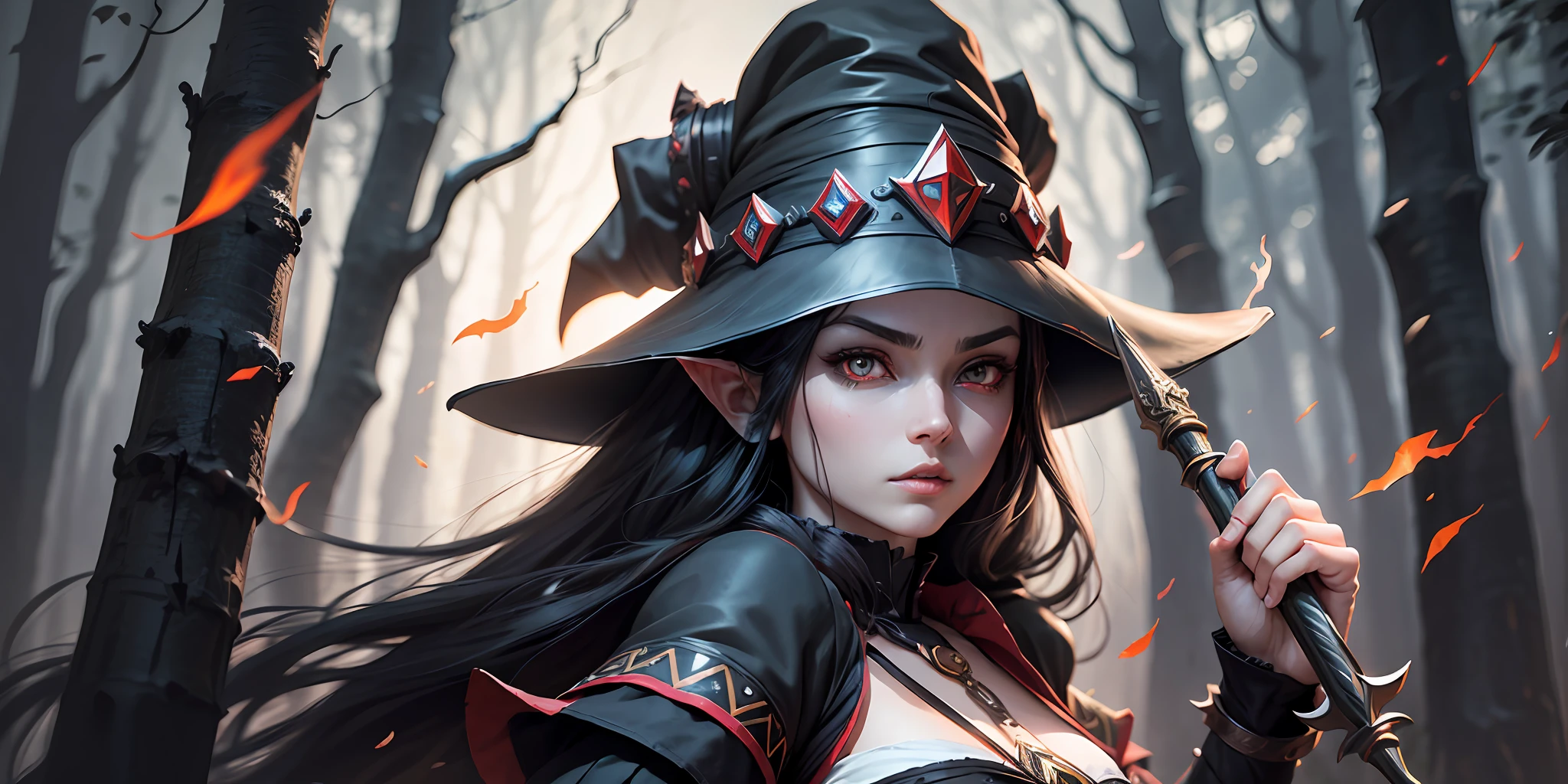 A full-body shot of Princess Zelda, black hair, dark red eyes, dressed as Yeneffer from The Witcher, in a black outfit and witches hat with dark red details, 25 years old, XL bust, using a wand, casting a spell, ready to battle, fighting stance, Background: At night in a spooky forest. Unreal Engine 5, Anime, Anime style, Masterpiece, Well drawn eyes, well drawn face, well detailed eyes, well detailed face, 8k, light and shadow effect. --auto --s2