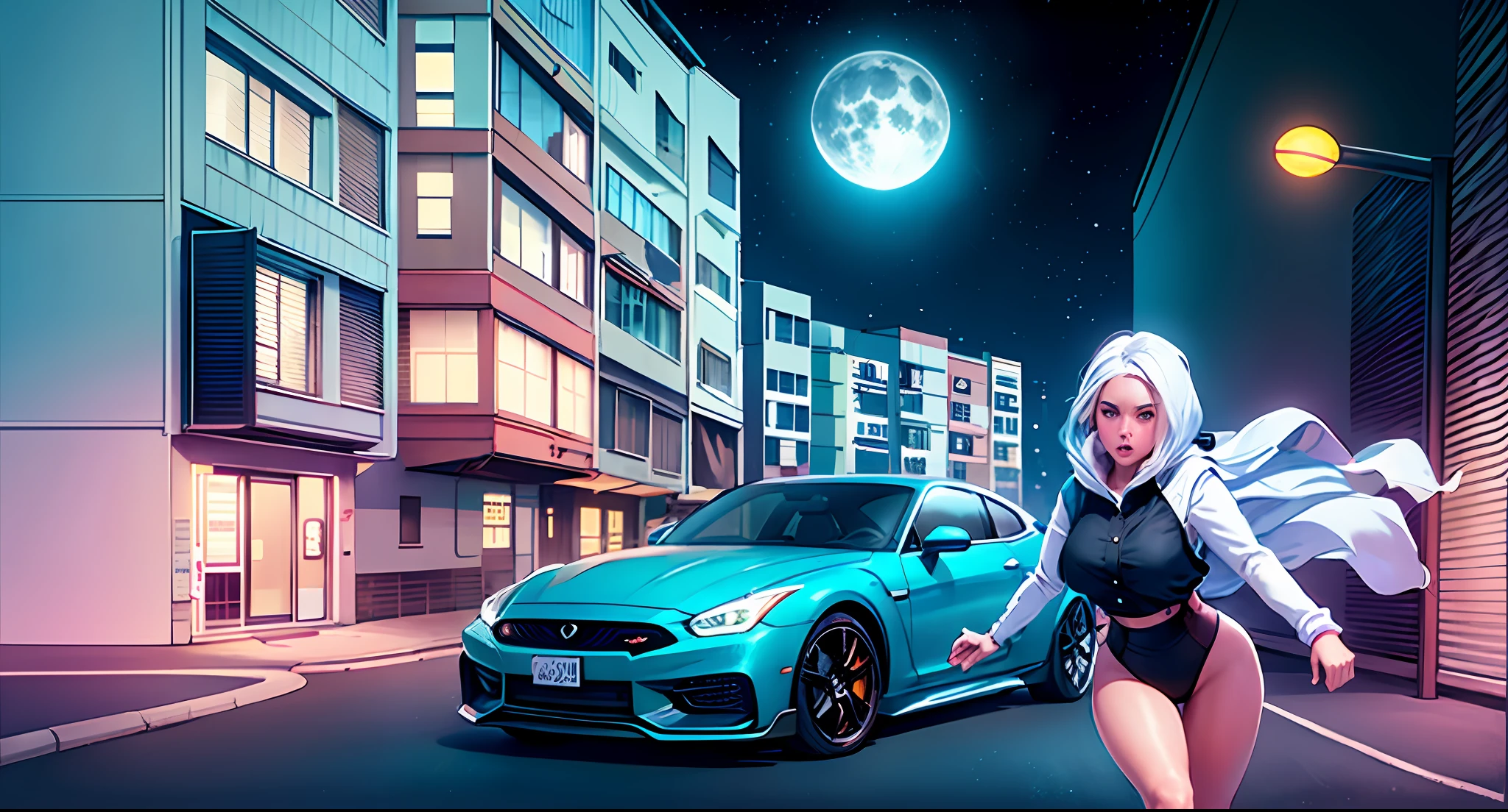 drawing of a woman walking down a street with a car in the background, lunar busy street, city street on the moon, street moon landscape, colorkey scene, anime city lineart, the moon is big an in the city, drawn in a neo - noir style, drawn with photoshop, moons in background, street background, on a street at night, in the moon