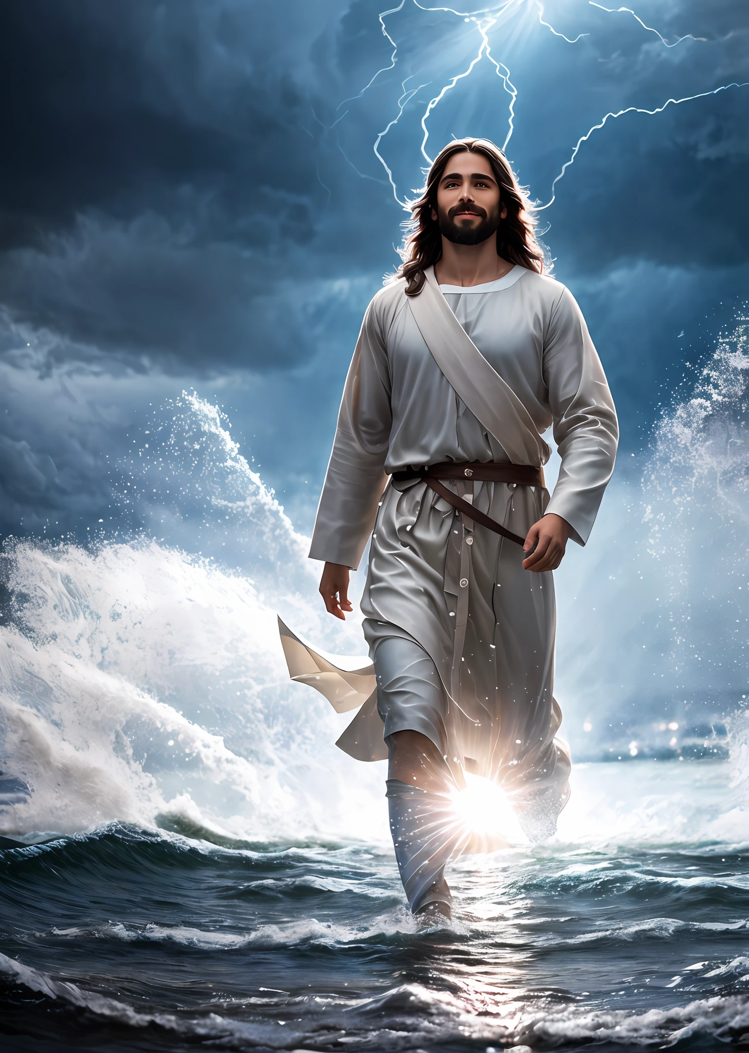 Jesus with soft expression smiling walking on water in a storm, streaks of light descending from the sky, masterpiece, high quality, high quality, highly detailed CG unit 8k wallpaper, award-winning photos, bokeh, depth of field, HDR, bloom, chromatic aberration, realistic, very detailed, trend in artstation, trend in CGsociety, complex, high detail, dramatic, art in the middle of the journey,  Volumetric lighting