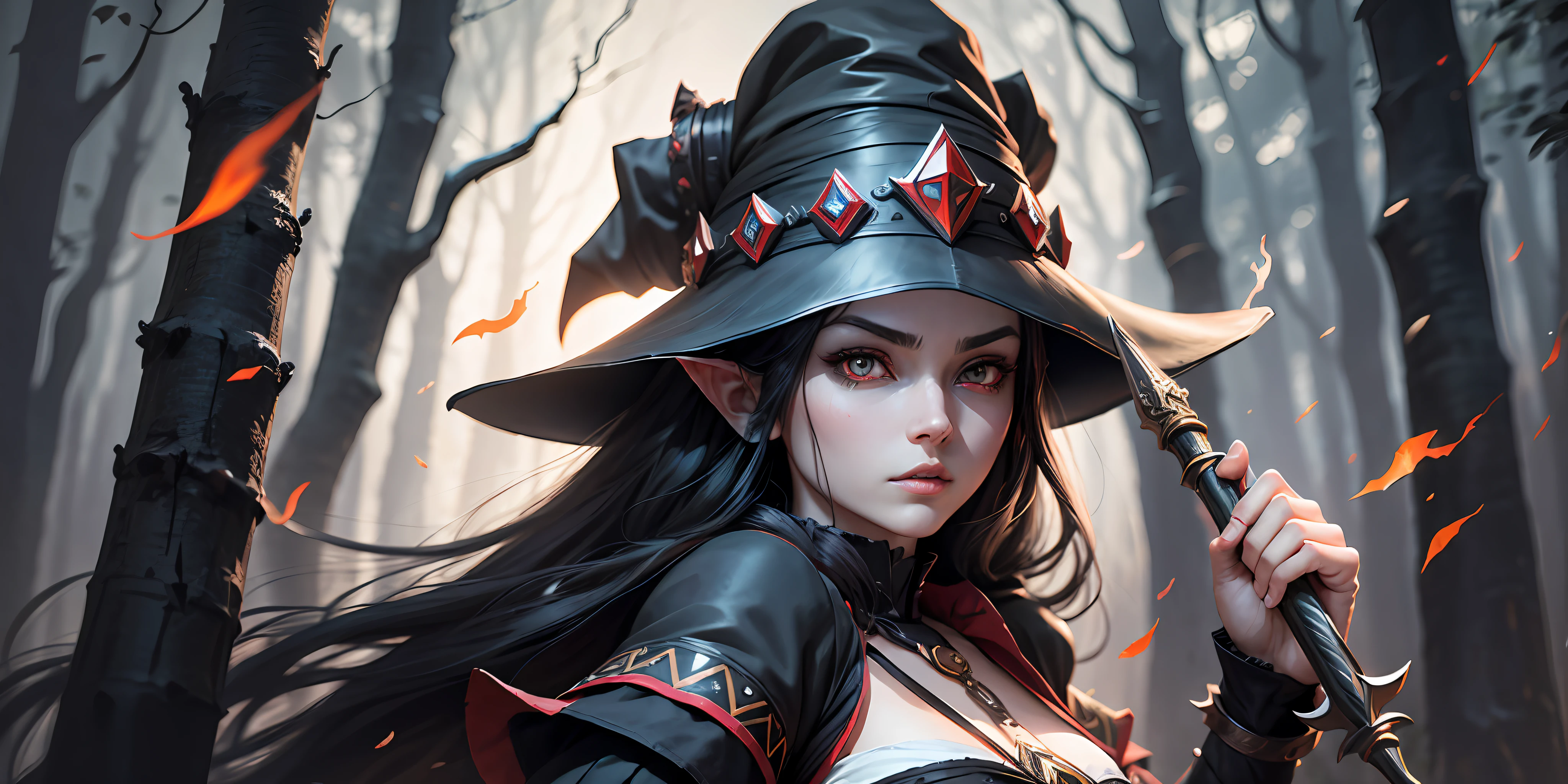 A full-body shot of Princess Zelda, black hair, dark red eyes, dressed as Yeneffer from The Witcher, in a black outfit and witches hat with dark red details, 25 years old, XL bust, using a wand, casting a spell, ready to battle, fighting stance, Background: At night in a spooky forest. Unreal Engine 5, Anime, Anime style, Masterpiece, Well drawn eyes, well drawn face, well detailed eyes, well detailed face, 8k, light and shadow effect. --auto --s2