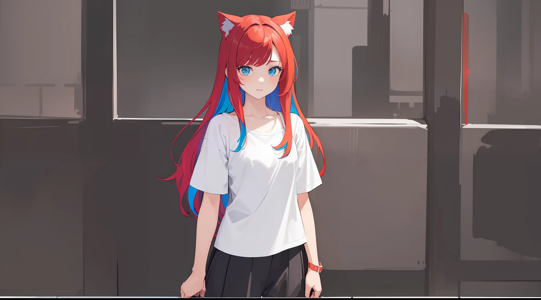 (masterpiece, best quality:1.3), (flat color:1.3),(colorful:1.5),,1girl,solo,standing,(2D:1.3), red hair, cat ears, original, looking at viewer, high definition, holding ice cream