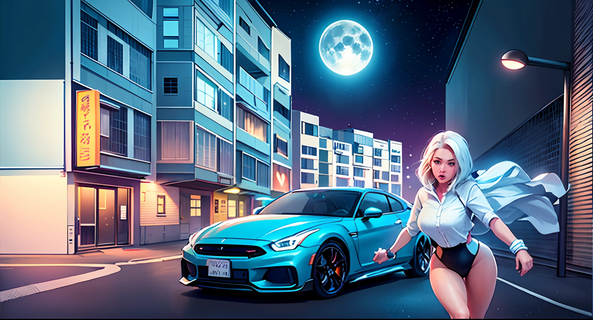 drawing of a woman walking down a street with a car in the background, lunar busy street, city street on the moon, street moon landscape, colorkey scene, anime city lineart, the moon is big an in the city, drawn in a neo - style, drawn with photoshop, moons in background, street background, on a street at night, in the moon