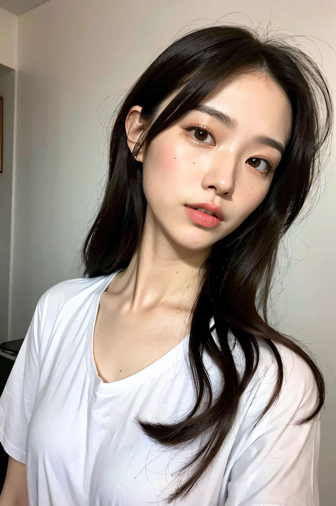 ((Top Quality, 8k, Masterpiece: 1.3)), 1 Girl, Side Shot: 1.2, Beautiful Japan Woman with Slender Abs: 1.3, (Casual Hairstyle, Big: 1.2), White T-Shirt, No Bra, Indoor, Ultra Detailed Face, Detailed Eyes, Double Eyelids, Full Body, Haru