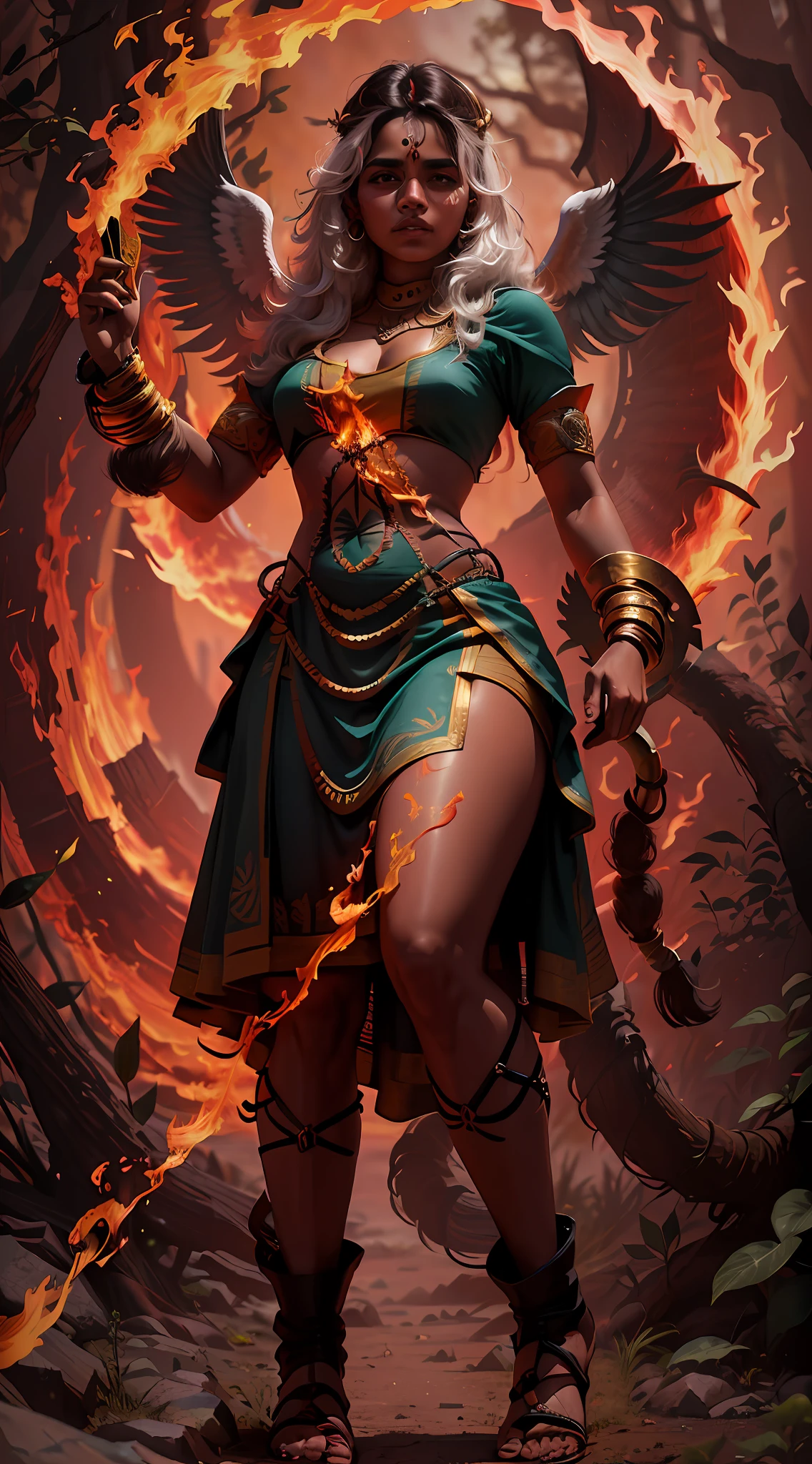 full body portrait of a beautiful Wild Xavante India, nature in fire