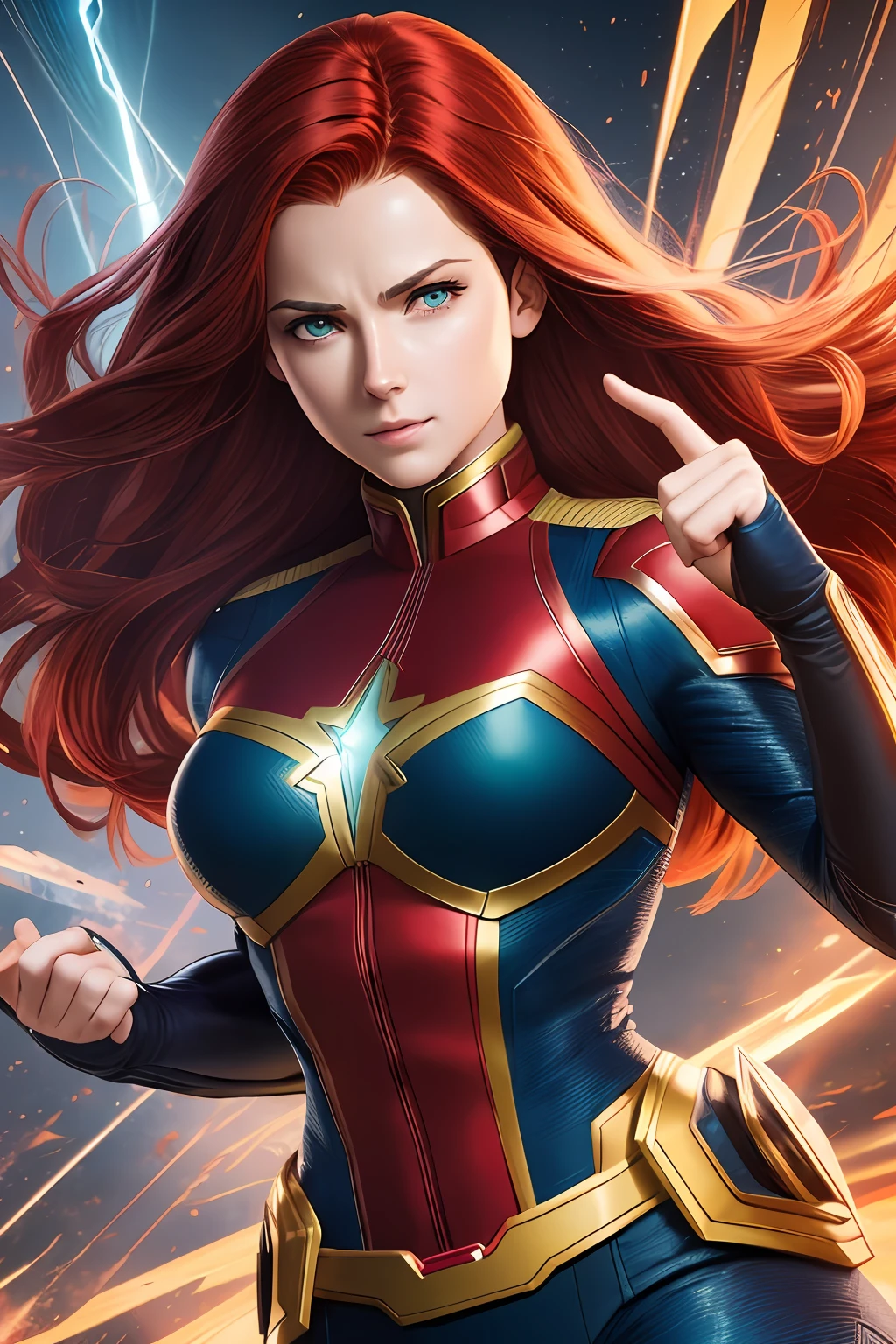 (best quality, extremely detailed CG unity 8k wallpaper), Marvel Comics, superheroine, Jean Gray, X-Men, powerful telepath, psychic abilities, red hair, green eyes, dynamic pose, dramatic lighting, intense emotion.