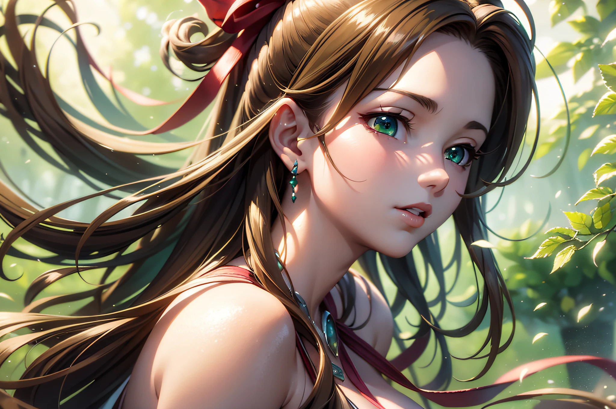 (masterpiece), best quality, ultra-detailed CG drawing, extremely delicate and beautiful portrait, dynamic angle, dynamic pose, Aerith Final Fantasy, (1girl), green eyes, brown hairstyle, red ribbon, white clothes, natural background, backlight, soft colors, water painting, fairy atmosphere.