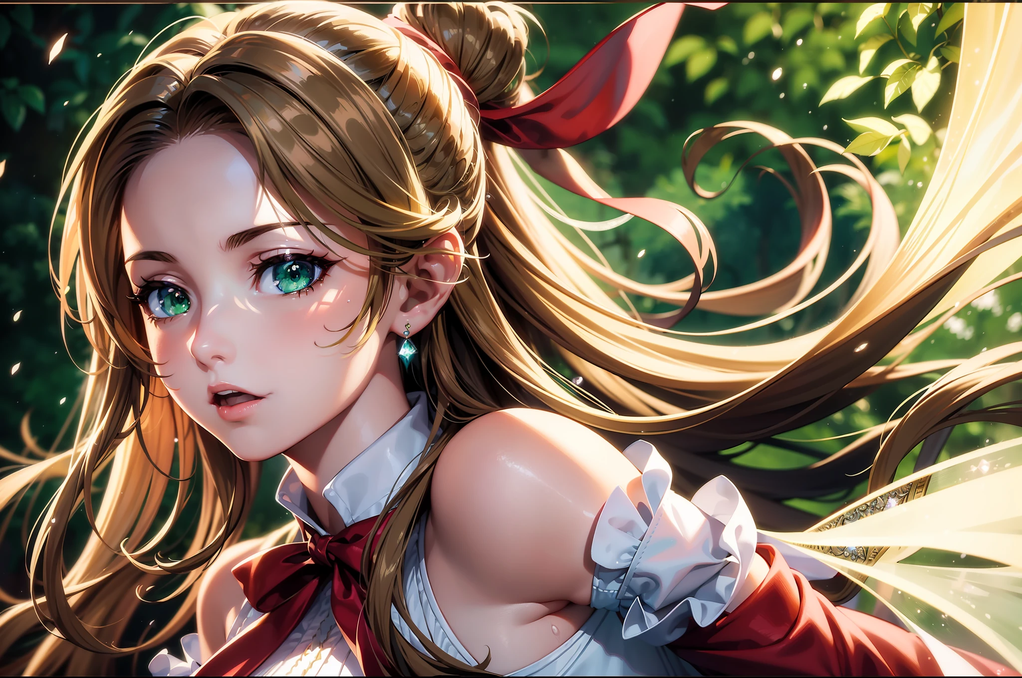 (masterpiece), best quality, ultra-detailed CG drawing, extremely delicate and beautiful portrait, dynamic angle, dynamic pose, Aerith Final Fantasy, (1girl), green eyes, brown hairstyle, red ribbon, white clothes, natural background, backlight, soft colors, water painting, fairy atmosphere.