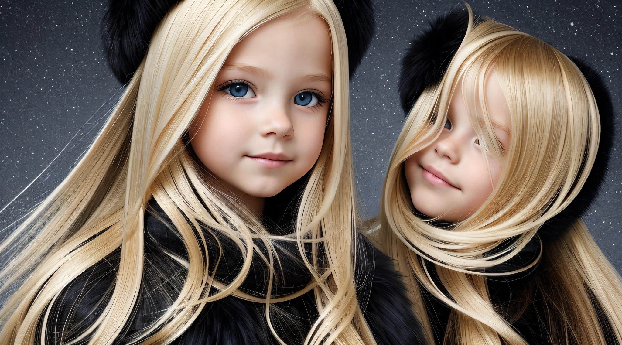 GIRLS CHILDREN, BLONDES WITH VERY LONG STRAIGHT HAIR, BLACK RUSSIAN STYLE WINTER UCHANKA.