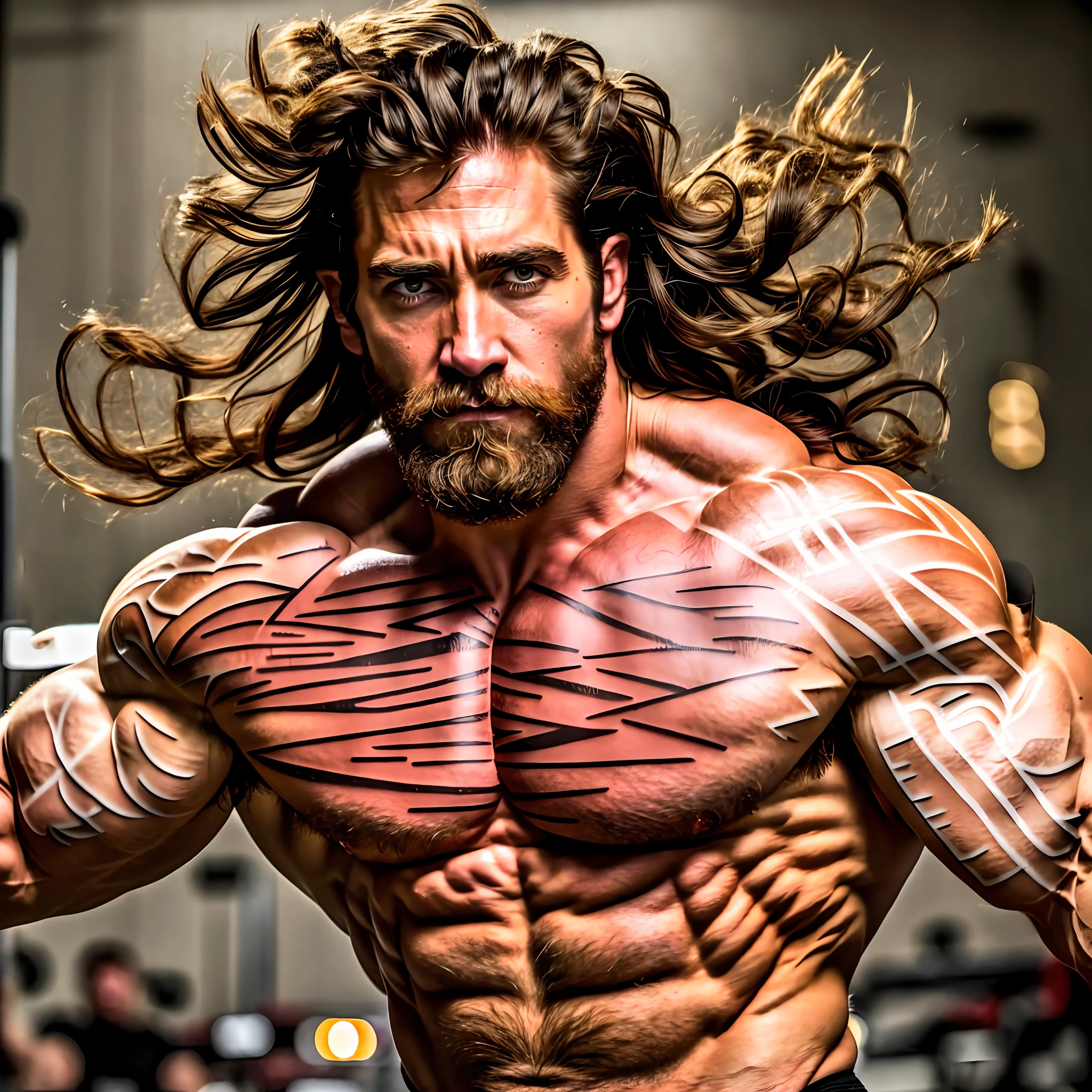 Bearded man glowering at viewer, clean arms, smooth skin, enlarged muscle physique, shot on Canon 80D, photographed by DSLR, muscular characters, Jake Gyllenhaal as warrior god, authentic beard hair texture, extreme muscles, muscular character, muscular and handsome, photo of rugged man, exaggerated physique, young Hugh Jackman as the Hulk, Jason mamoa as a bodybuilder, Handsome Hugh Jackman, strong and imposing, bodybuilder physique, big wide broad strong physique |, photographed on Canon 80D, absurdly massive physique, realistic skin texture, skin pores, dull skin, realistic lighting, simplly woven tattoo on chest, good arms, good, realistic arms